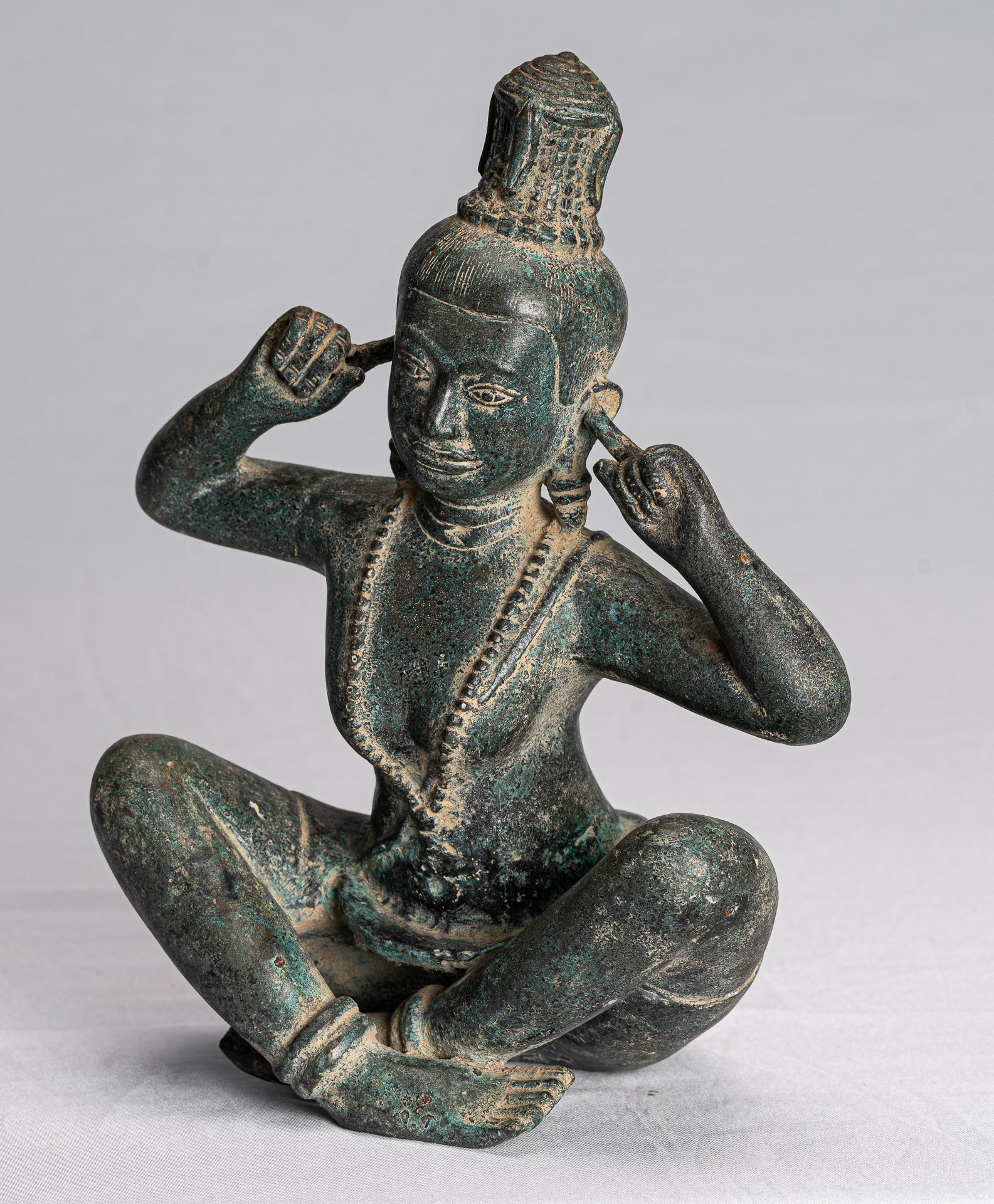 Devi Statue - Antique Khmer Style Bronze 'Hear No Evil' Statue - 27cm/11"