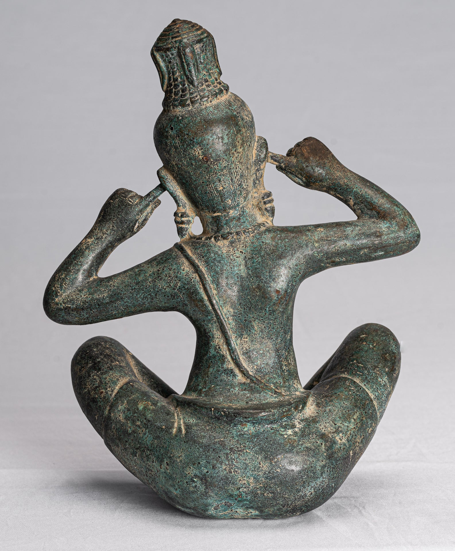 Devi Statue - Antique Khmer Style Bronze 'Hear No Evil' Statue - 27cm/11"