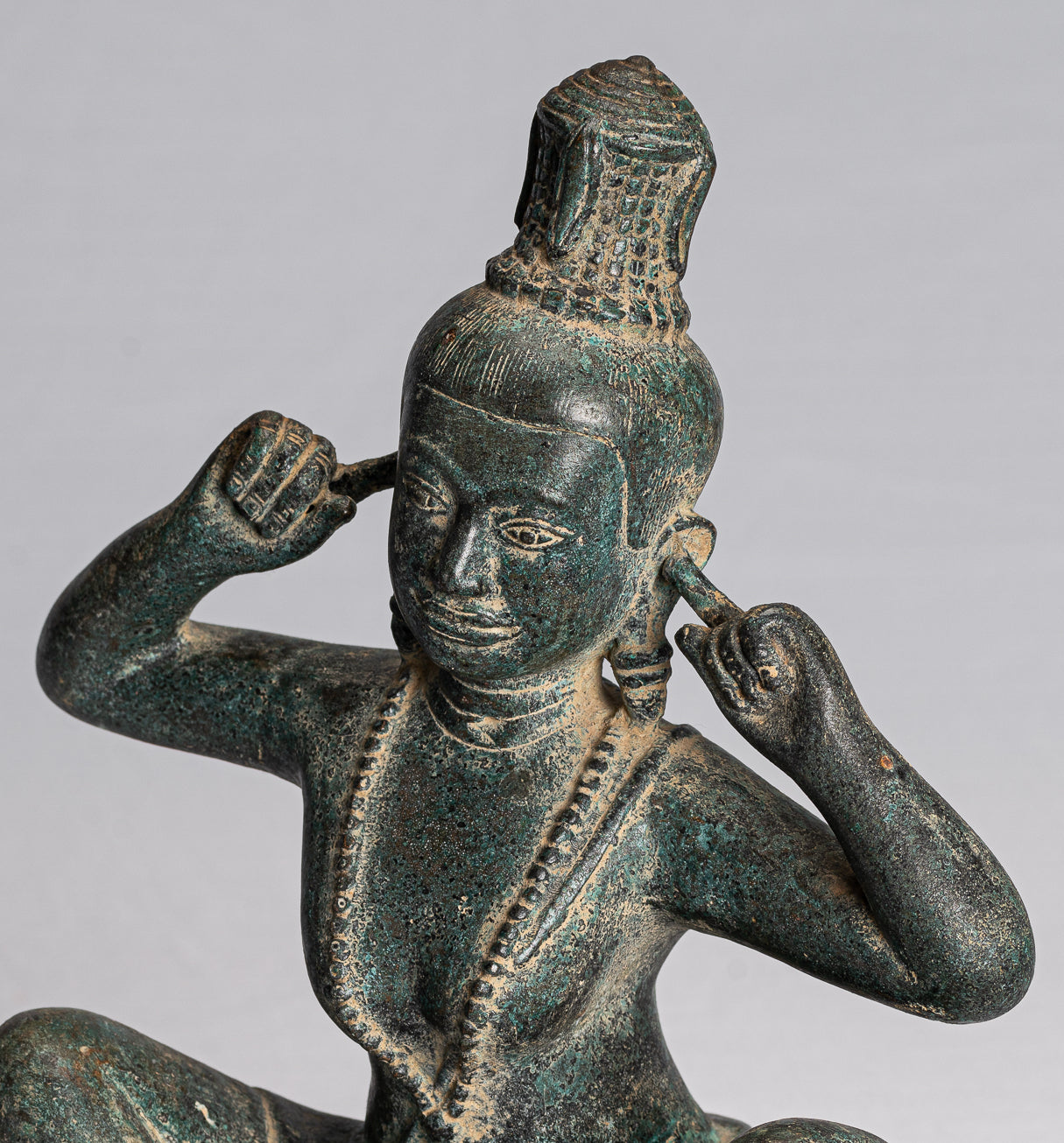 Devi Statue - Antique Khmer Style Bronze 'Hear No Evil' Statue - 27cm/11"