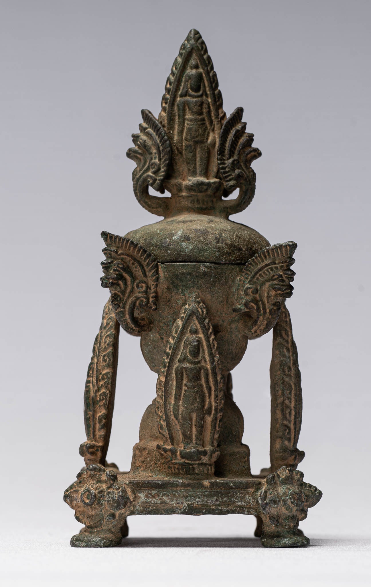Bouddha Statue-Antique Thaï Style Bronze Charity Buddha & Naga Stupa -14cm/6 " Tall