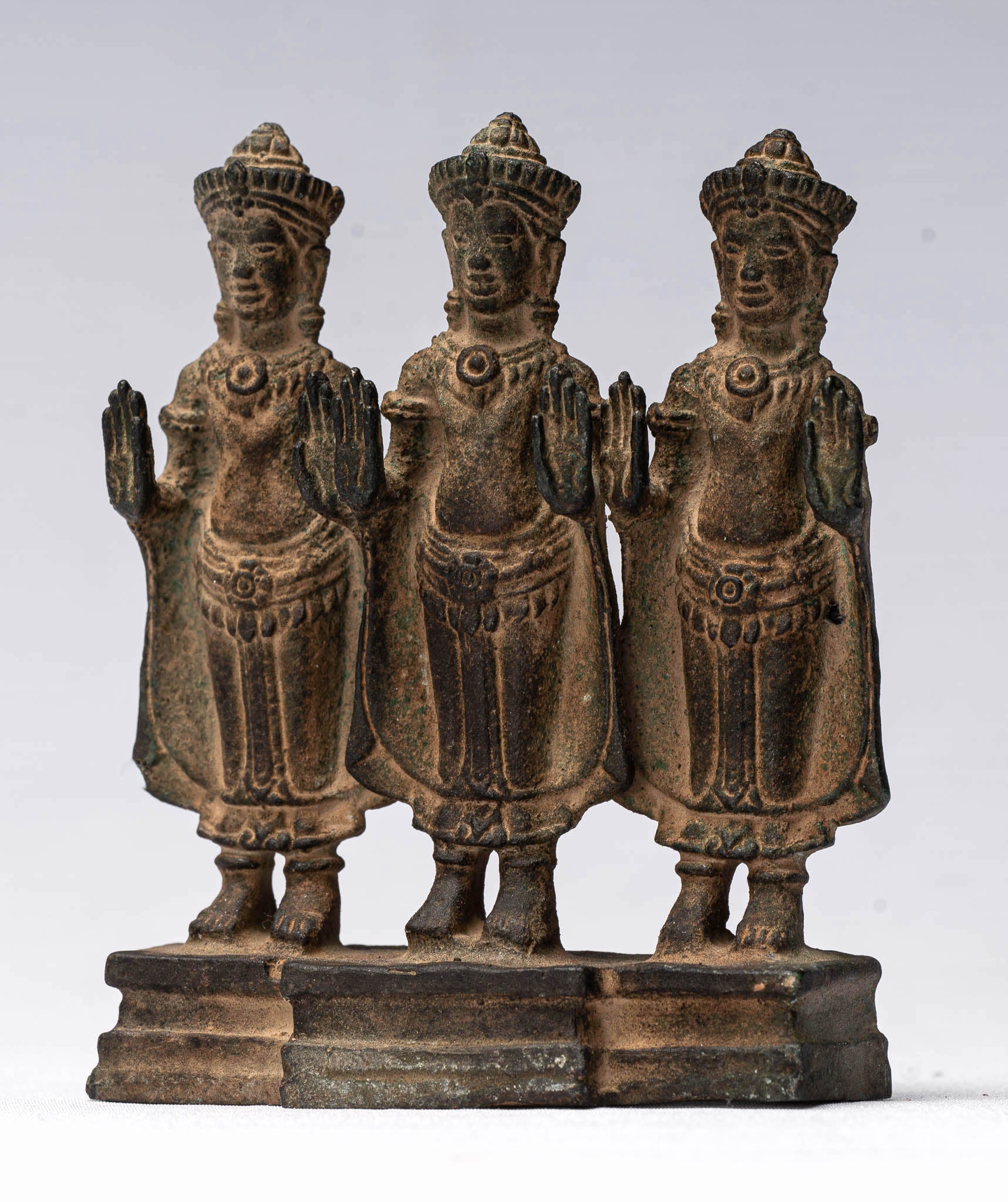 Buddha Statue-Antique Khmer Style Standing Bronze Protection Buddha Statue Triptychon-10.5cm/4"