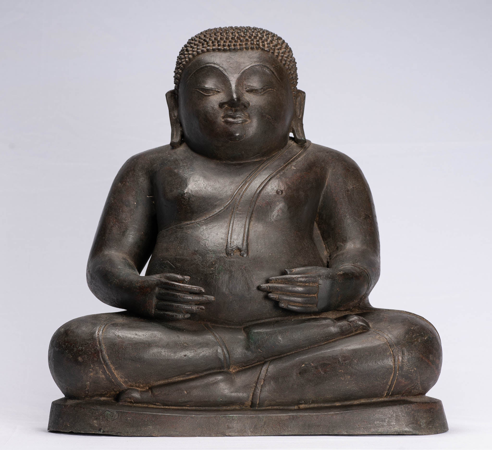 Statue de Bouddha – Bronze de style thaïlandais antique – Statue de Bouddha Budai heureux, gras et riant – 42 cm