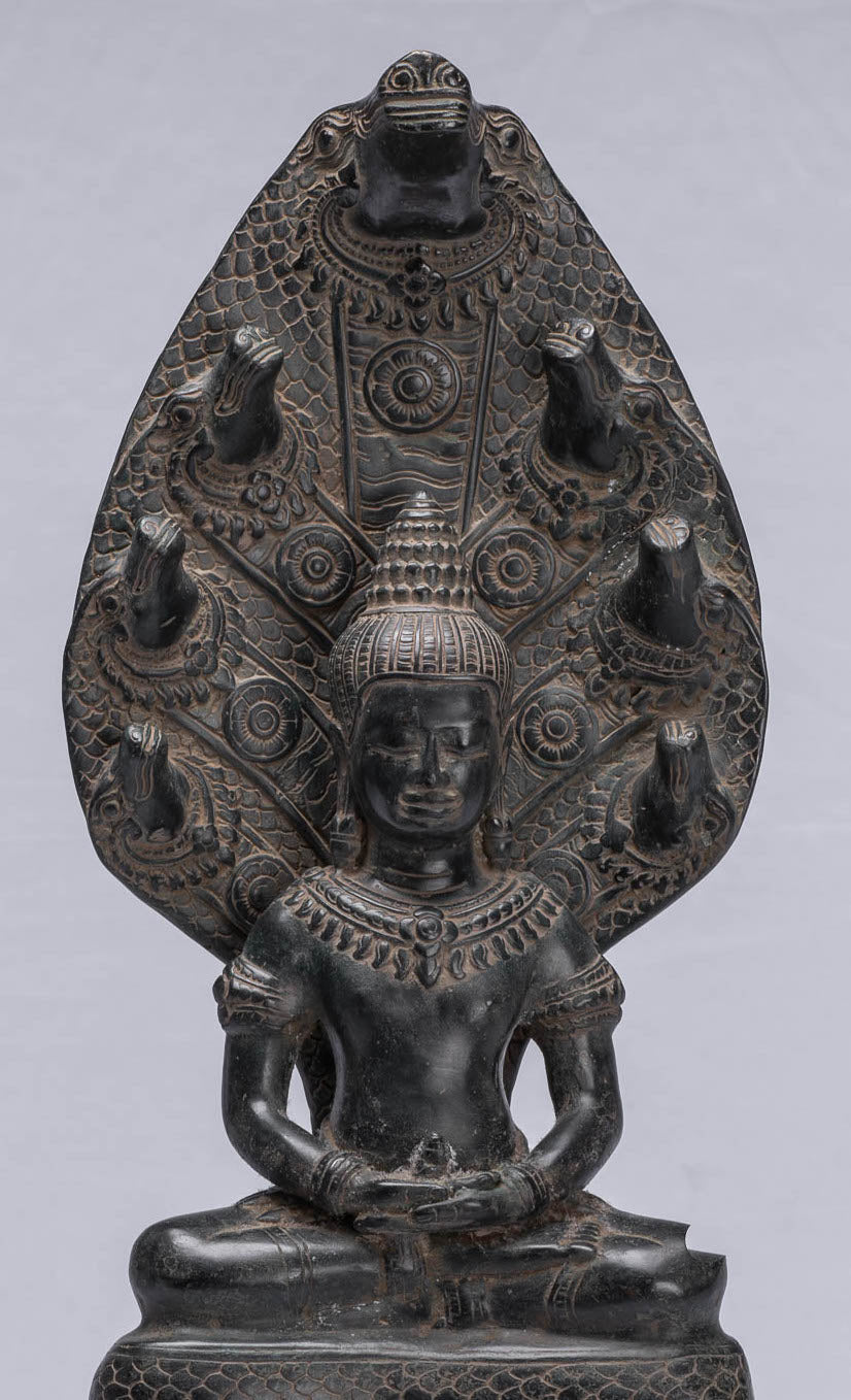 Buddha Statue - Antique Bayon Style Khmer Seated Bronze Naga Meditation Buddha - 43cm/17"