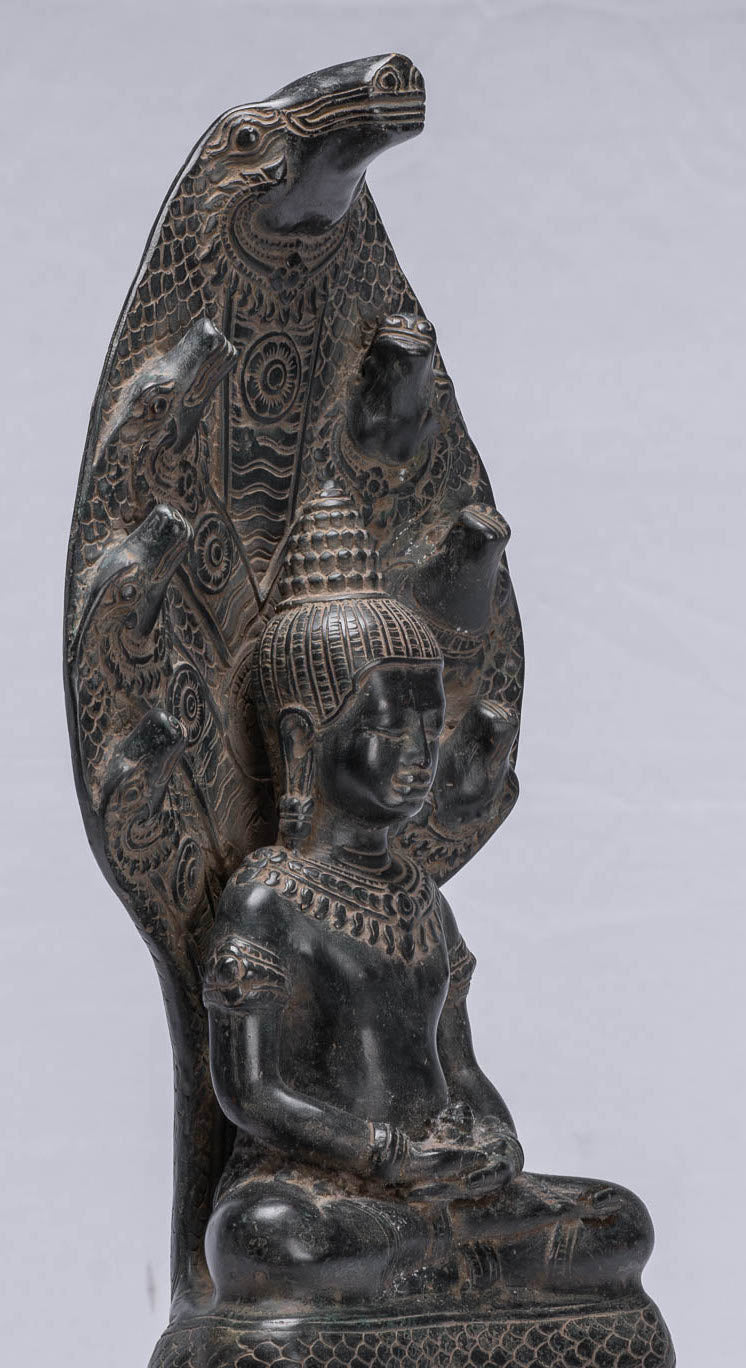 Buddha Statue - Antique Bayon Style Khmer Seated Bronze Naga Meditation Buddha - 43cm/17"
