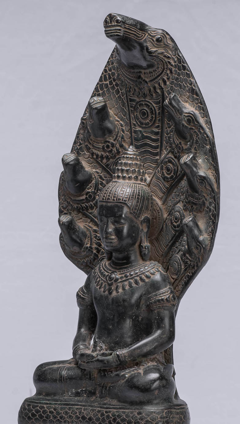 Buddha Statue - Antique Bayon Style Khmer Seated Bronze Naga Meditation Buddha - 43cm/17"