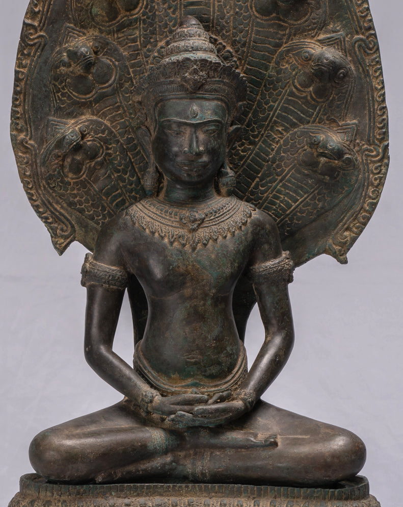 Statua Buddha - Antique Thai Thai Bronzo Meditazione seduta Naga Buddha Statua - 66 cm/26 "
