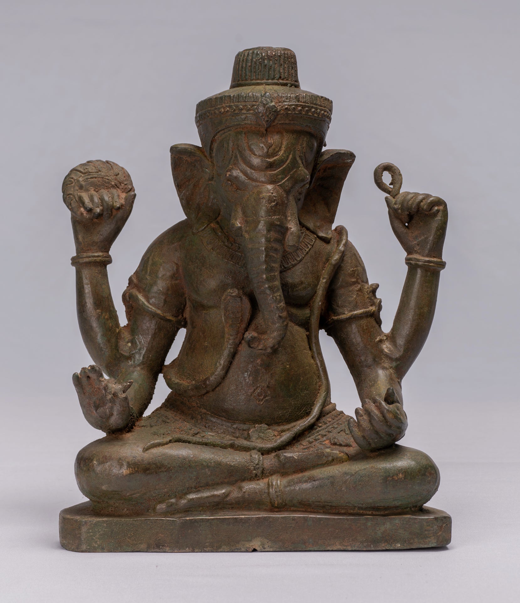 Antique Thai Style Bronze Seated Green 4-Arm Ganesha Statue - 31cm/12"