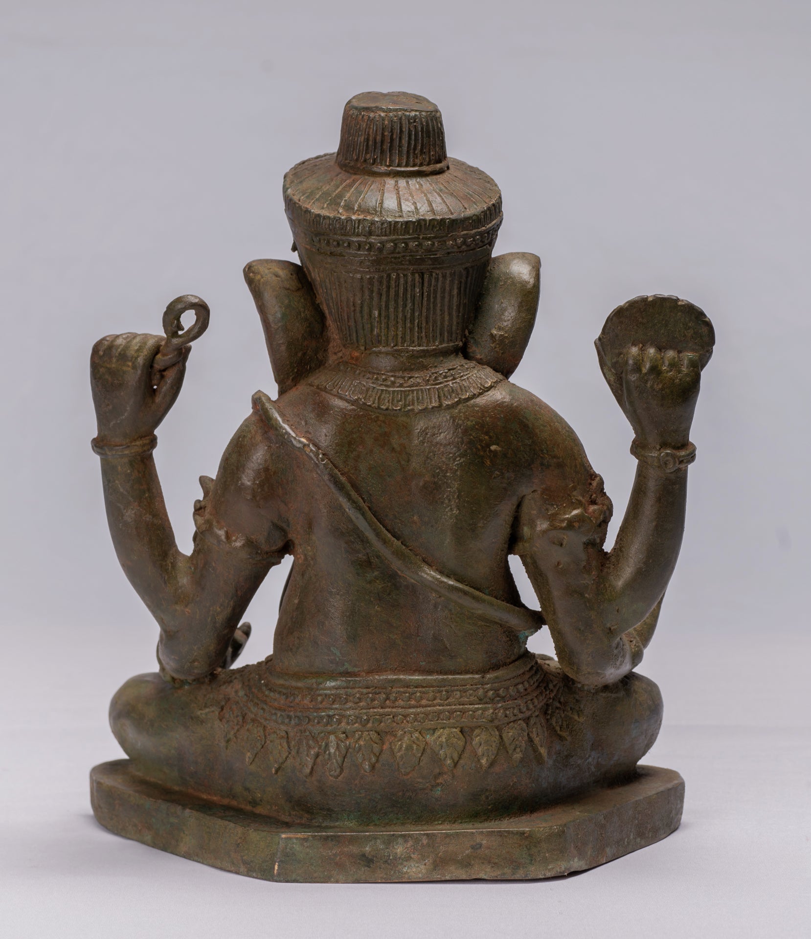 Antique Thai Style Bronze Seated Green 4-Arm Ganesha Statue - 31cm/12"