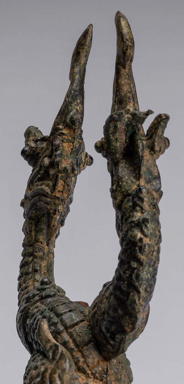 Bronzo di bronzo tailandese antico a due teste protettiva Naga, serpente o statua a serpente - 30 cm/12 "