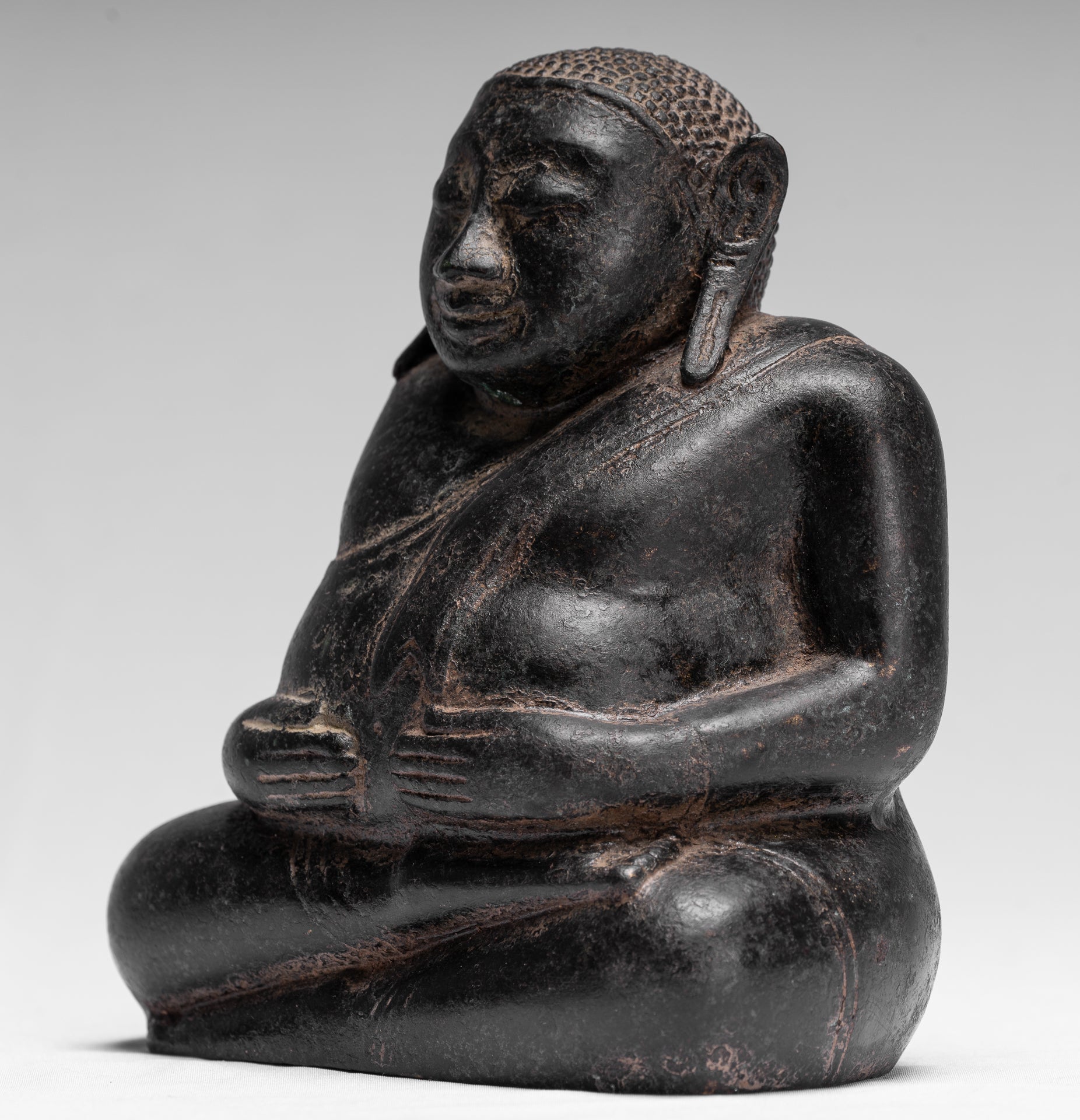 Statue di Buddha - Antique Khmer in stile Khmer Bronzo felice, grasso, statua di Buddha Budai - 18 cm/7 "