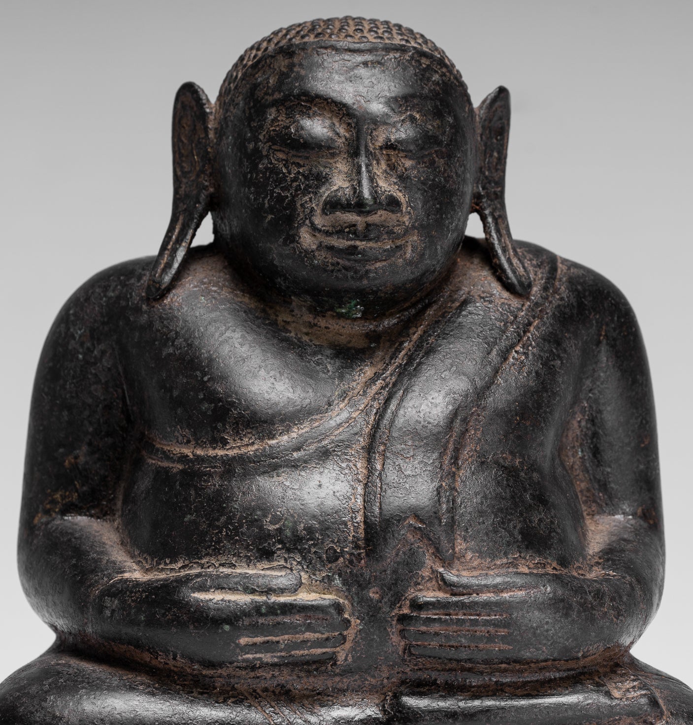 Statue di Buddha - Antique Khmer in stile Khmer Bronzo felice, grasso, statua di Buddha Budai - 18 cm/7 "