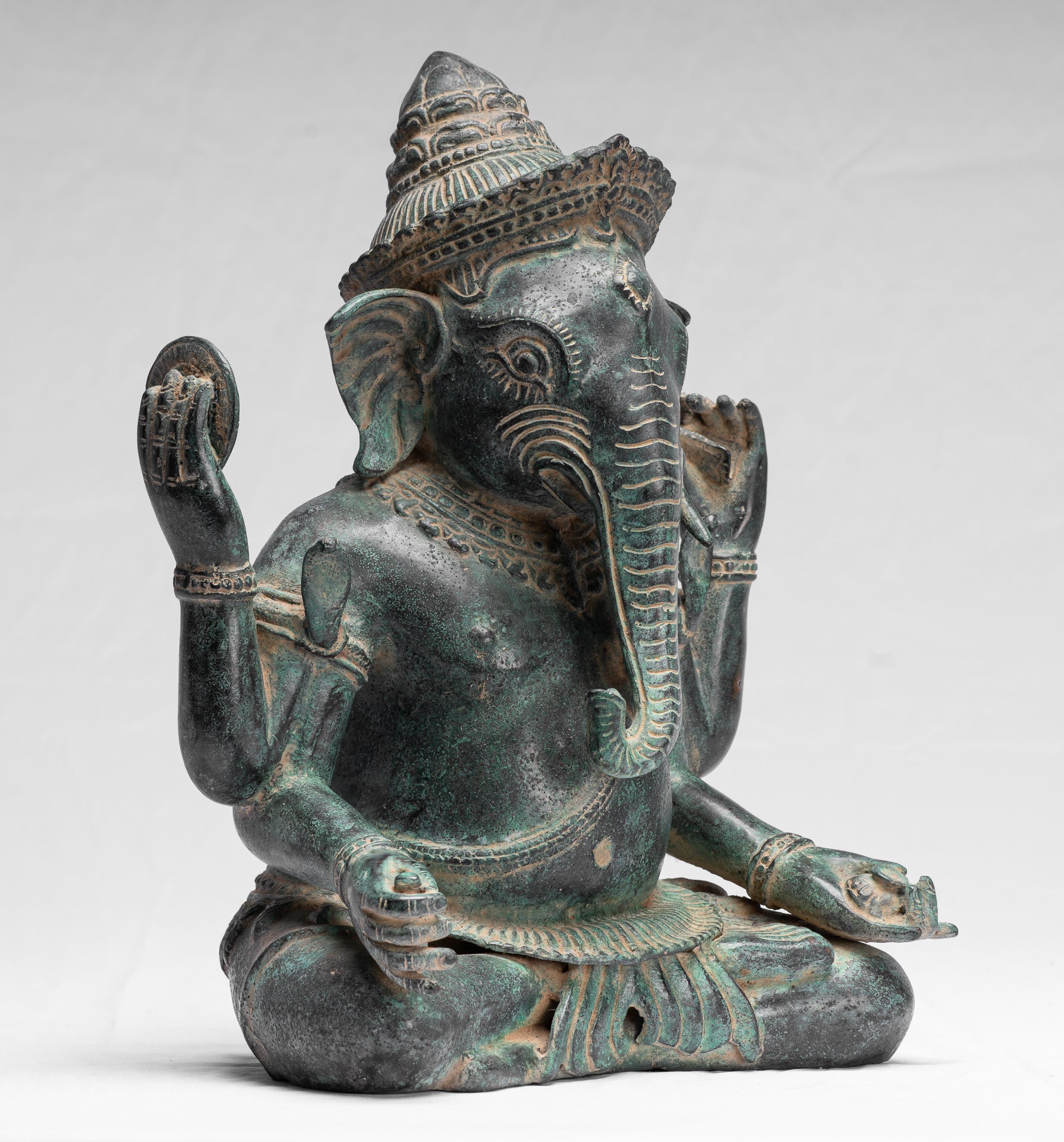 Statue Ganesha - Bronzo di baia di baia da khmer antico seduto a quattro braccio ganesh statua - 36 cm/14 "