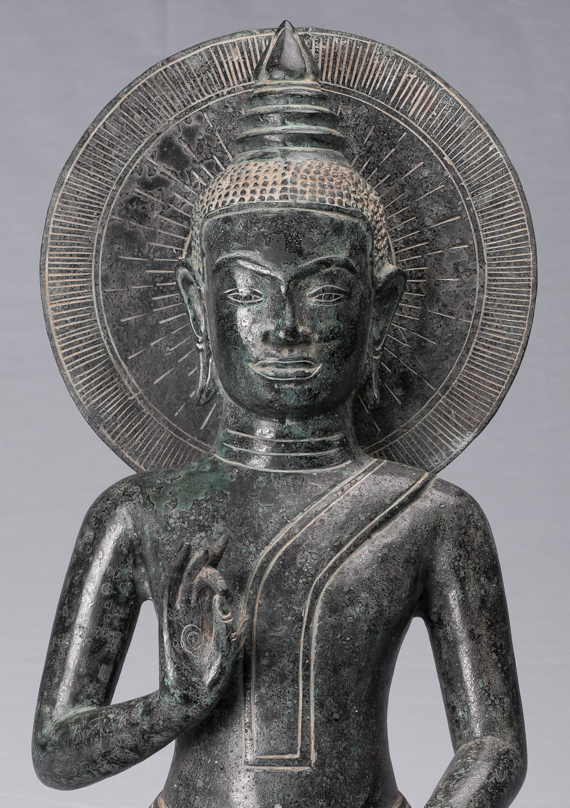 Buddha-Statue – antike Bronze-Buddha-Statue im Khmer-Stil, Dharmachakra-Lehr-Mudra – 50 cm