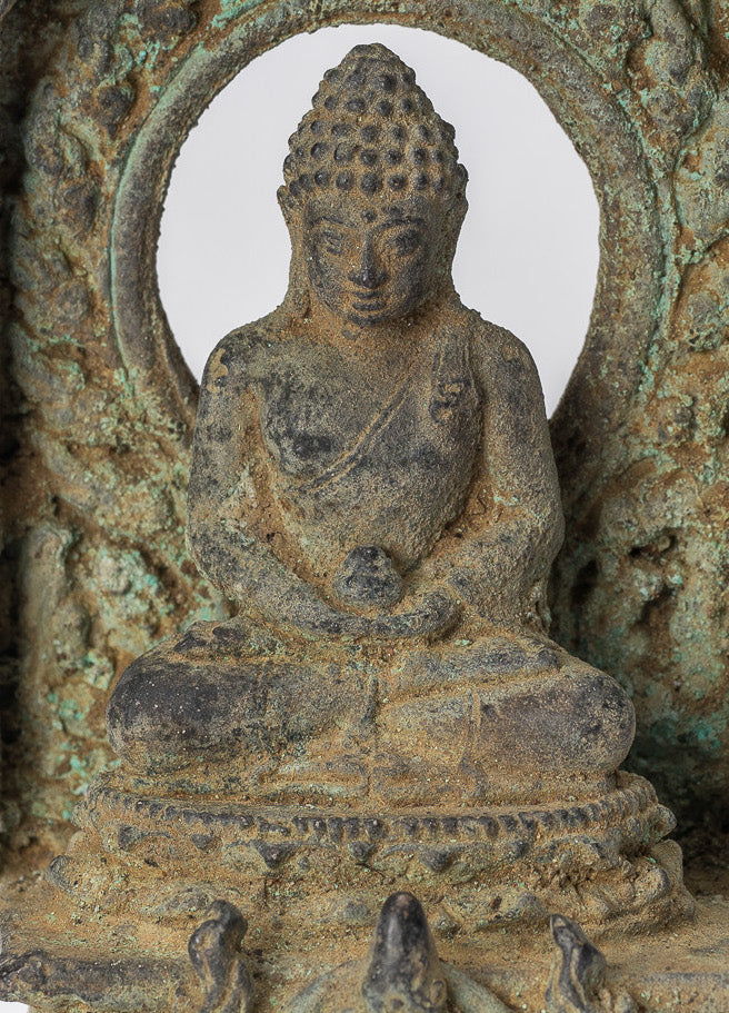 Buddha-Statue – Antike javanische Amitabha-Buddha-Statue aus Bronze im indonesischen Stil – 13,5 cm/5 Zoll