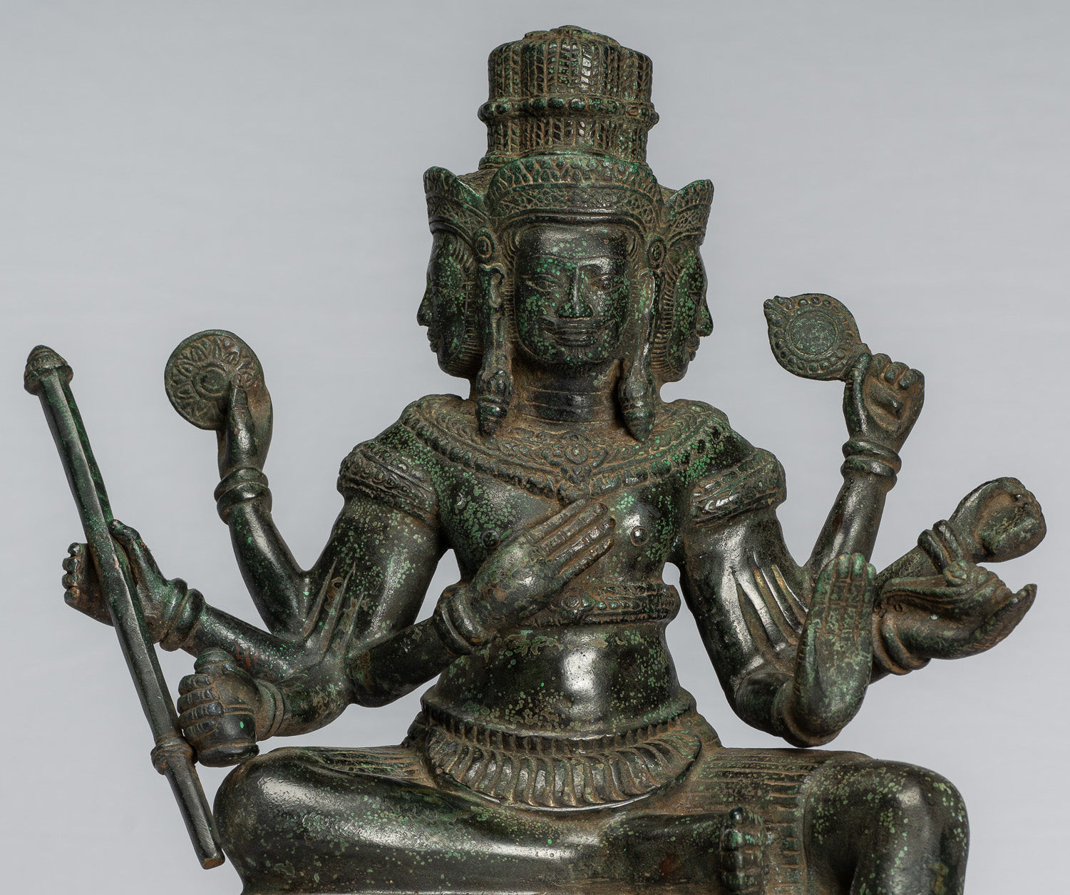 Brahma Statue - Antique Khmer Style Bronze 8 Arm Bayon Brahma - Hindu God Creation - 35cm/14"