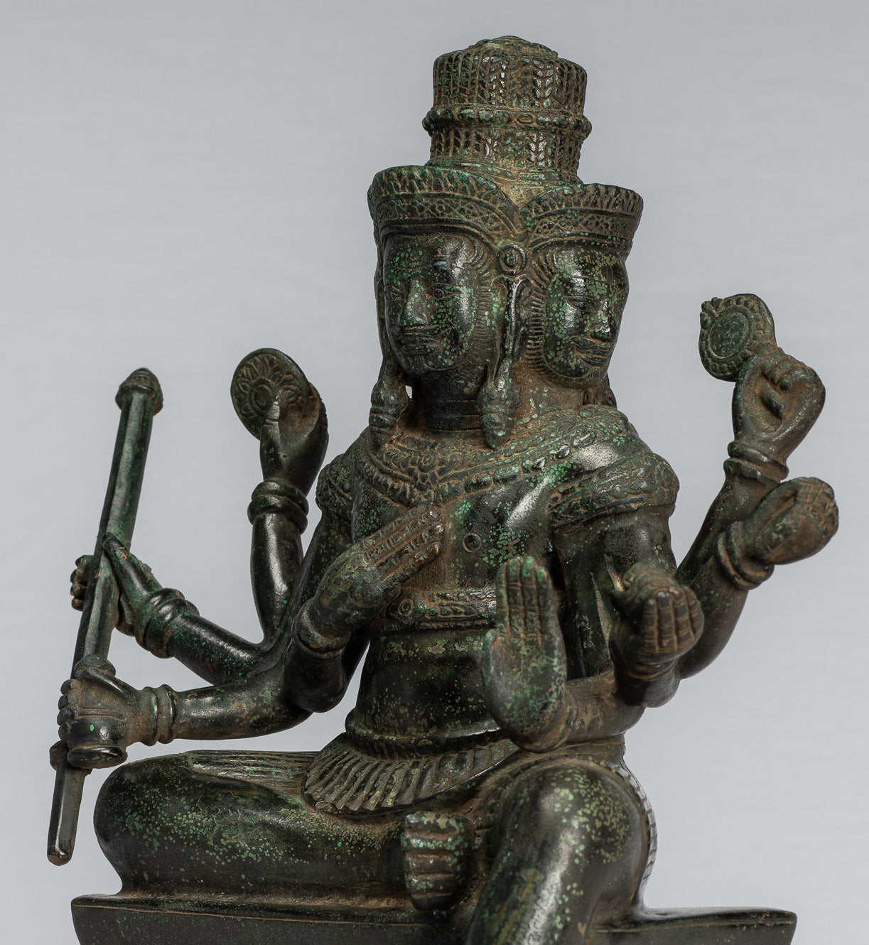 Brahma Statue - Antique Khmer Style Bronze 8 Arm Bayon Brahma - Hindu God Creation - 35cm/14"