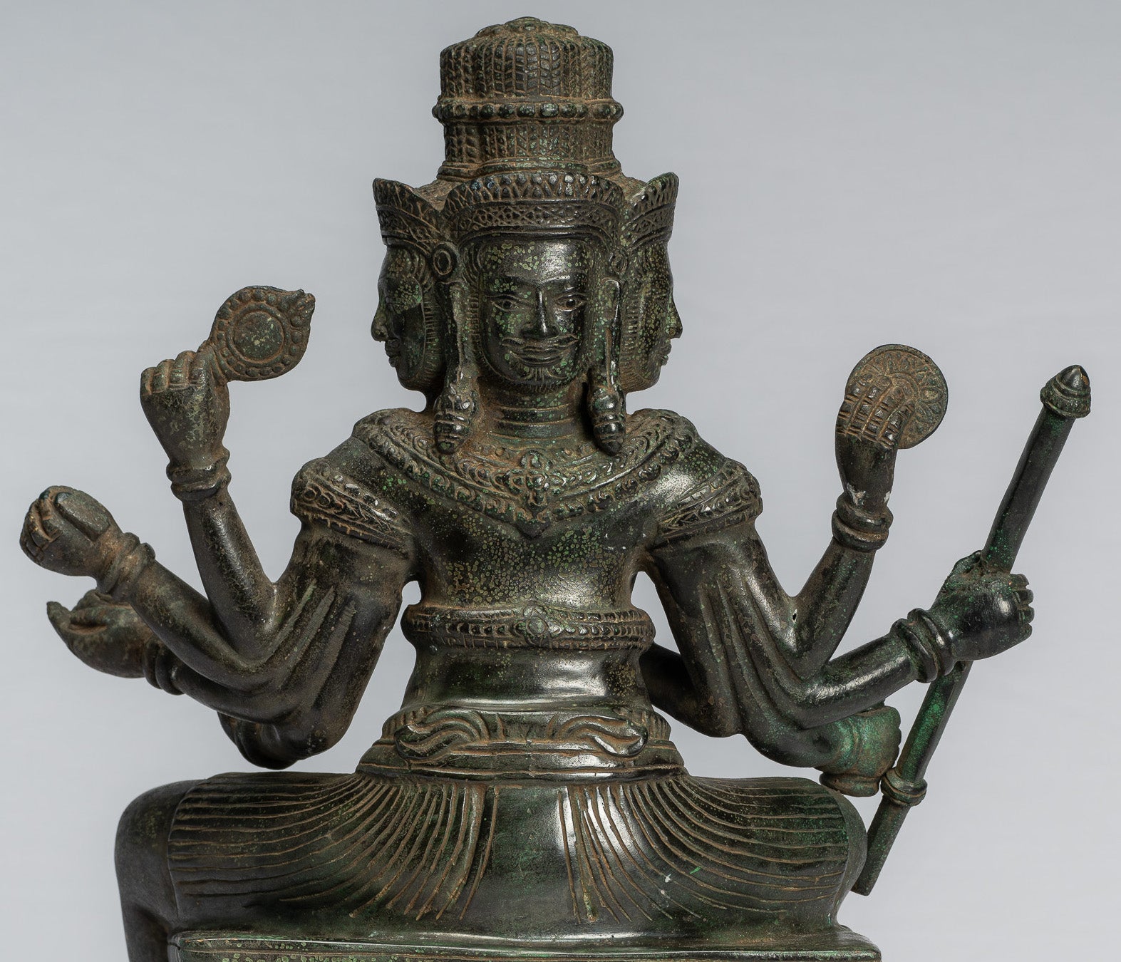 Brahma Statue - Antique Khmer Style Bronze 8 Arm Bayon Brahma - Hindu God Creation - 35cm/14"