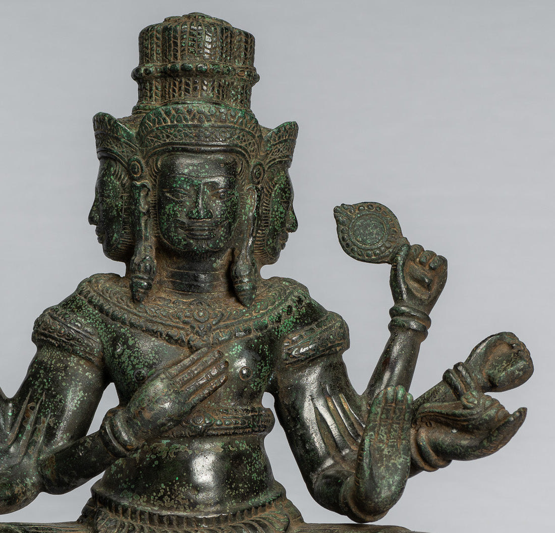 Brahma Statue - Antique Khmer Style Bronze 8 Arm Bayon Brahma - Hindu God Creation - 35cm/14"