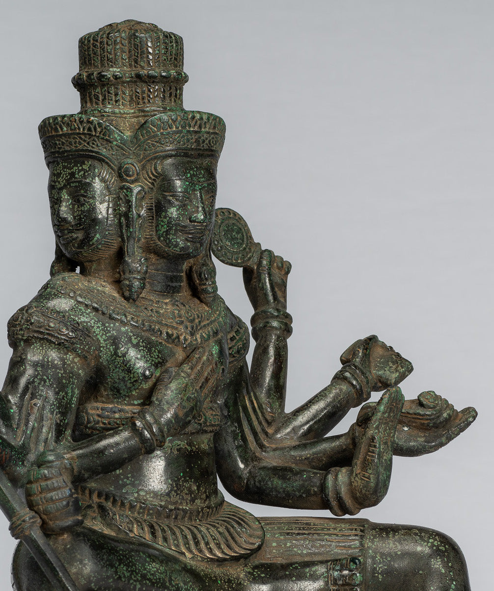 Brahma Statue - Antique Khmer Style Bronze 8 Arm Bayon Brahma - Hindu God Creation - 35cm/14"