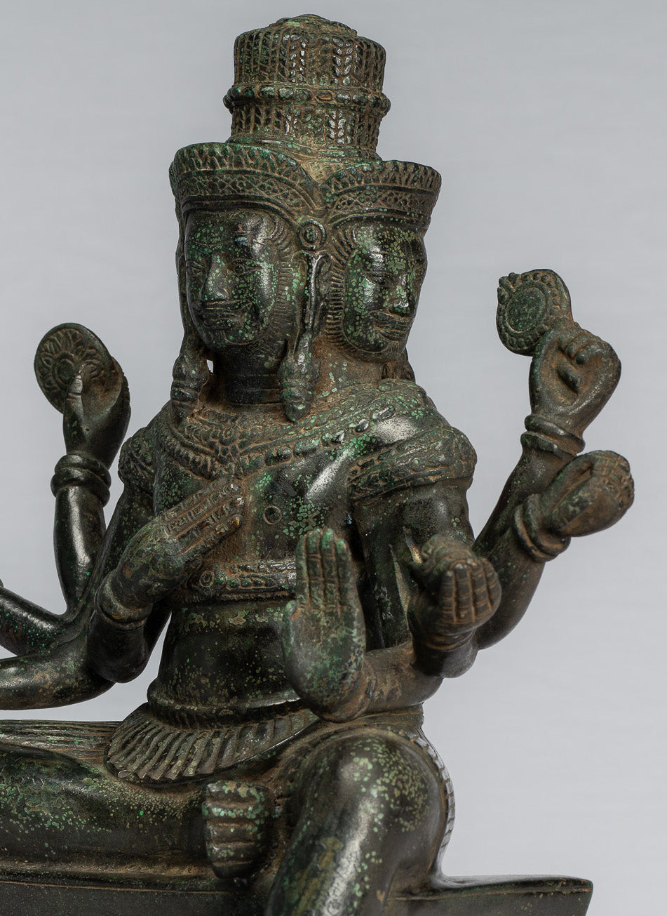 Brahma Statue - Antique Khmer Style Bronze 8 Arm Bayon Brahma - Hindu God Creation - 35cm/14"