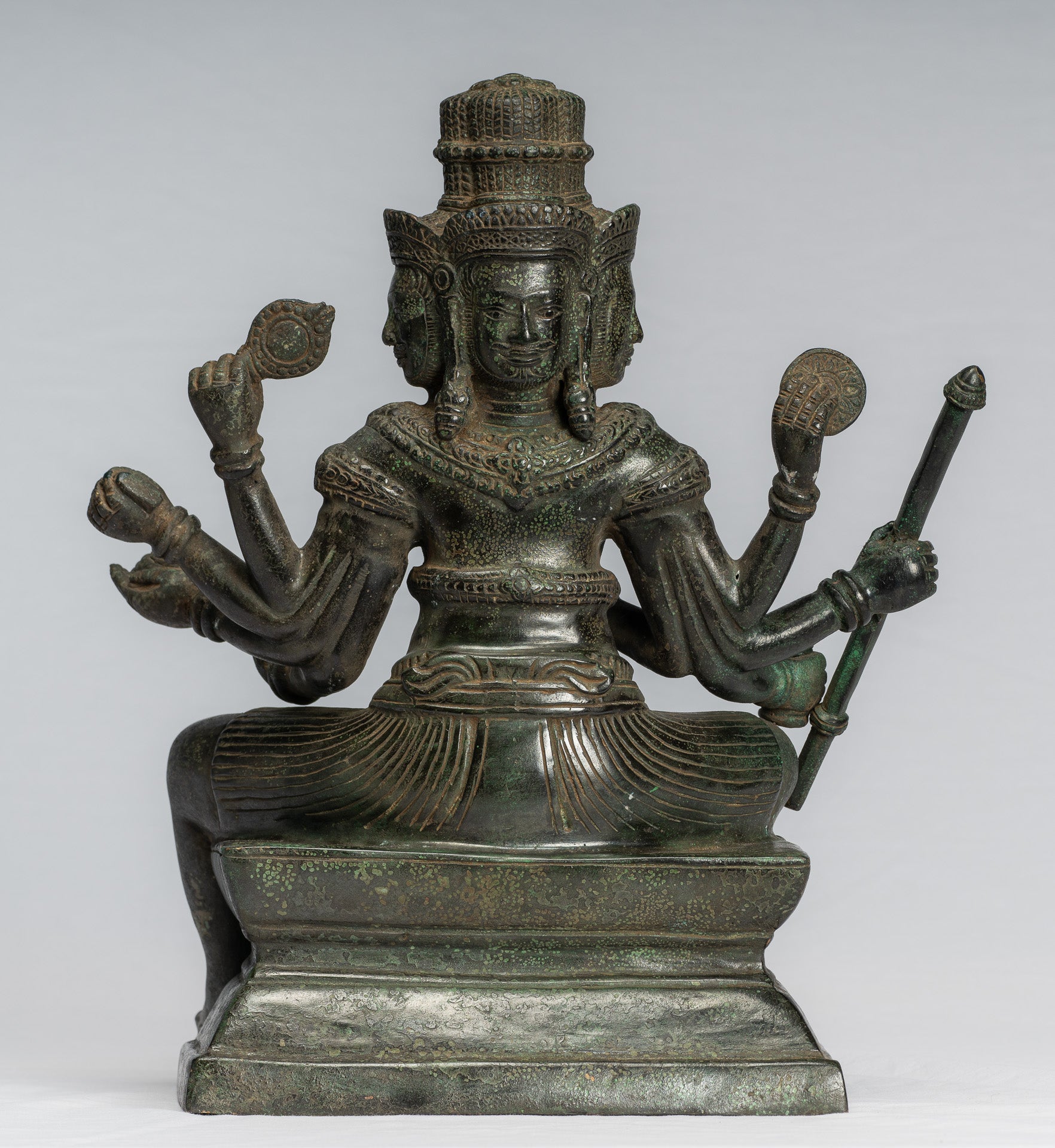 Brahma Statue - Antique Khmer Style Bronze 8 Arm Bayon Brahma - Hindu God Creation - 35cm/14"