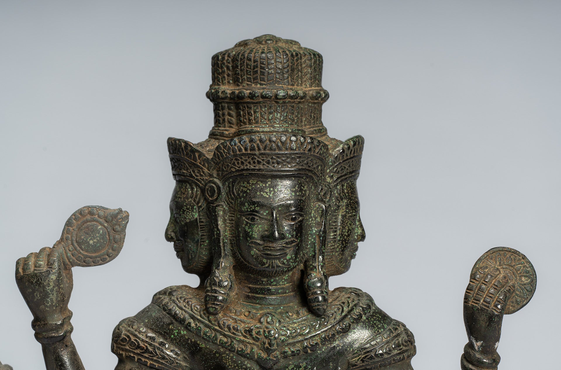 Brahma Statue - Antique Khmer Style Bronze 8 Arm Bayon Brahma - Hindu God Creation - 35cm/14"