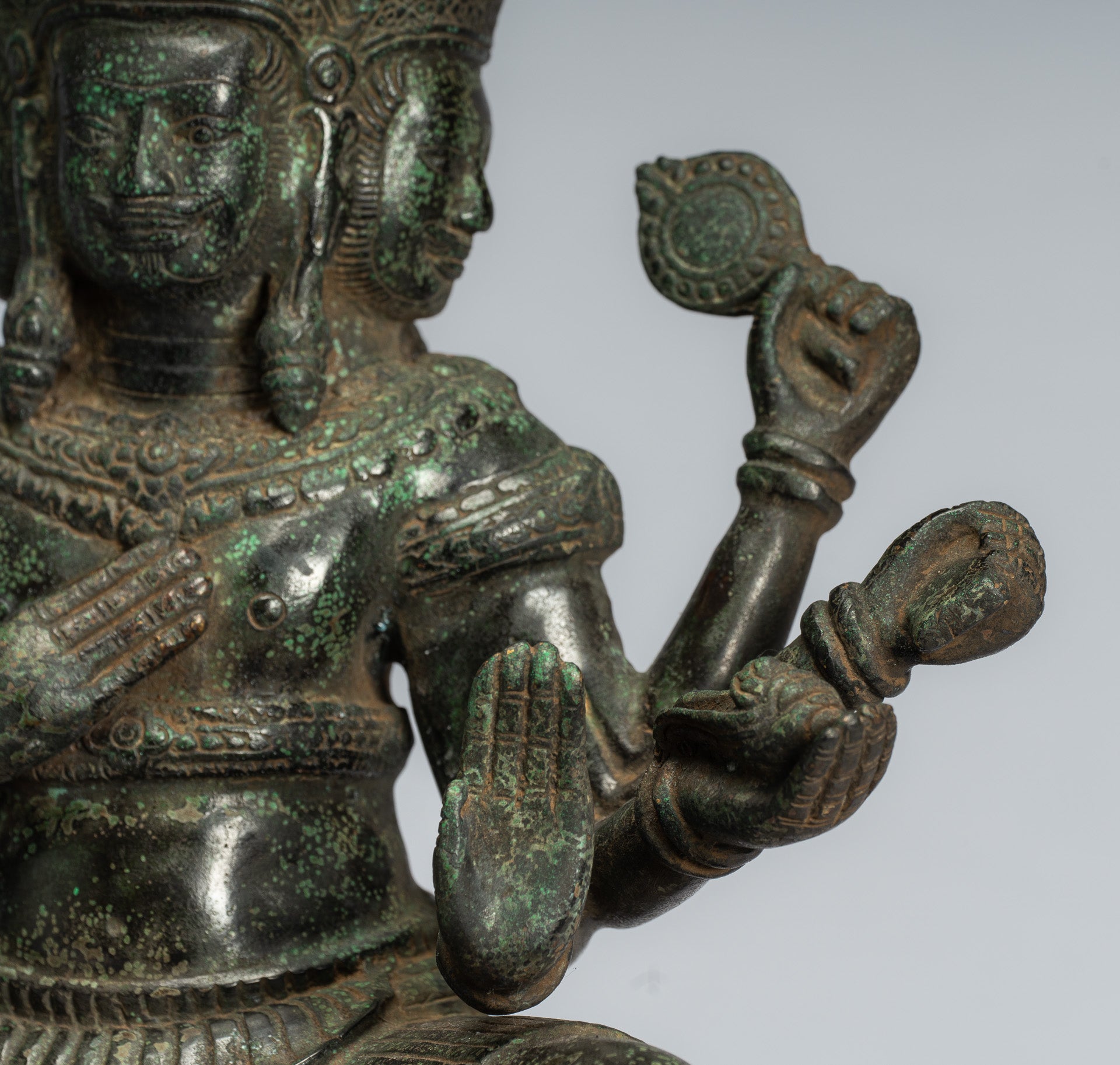 Brahma Statue - Antique Khmer Style Bronze 8 Arm Bayon Brahma - Hindu God Creation - 35cm/14"