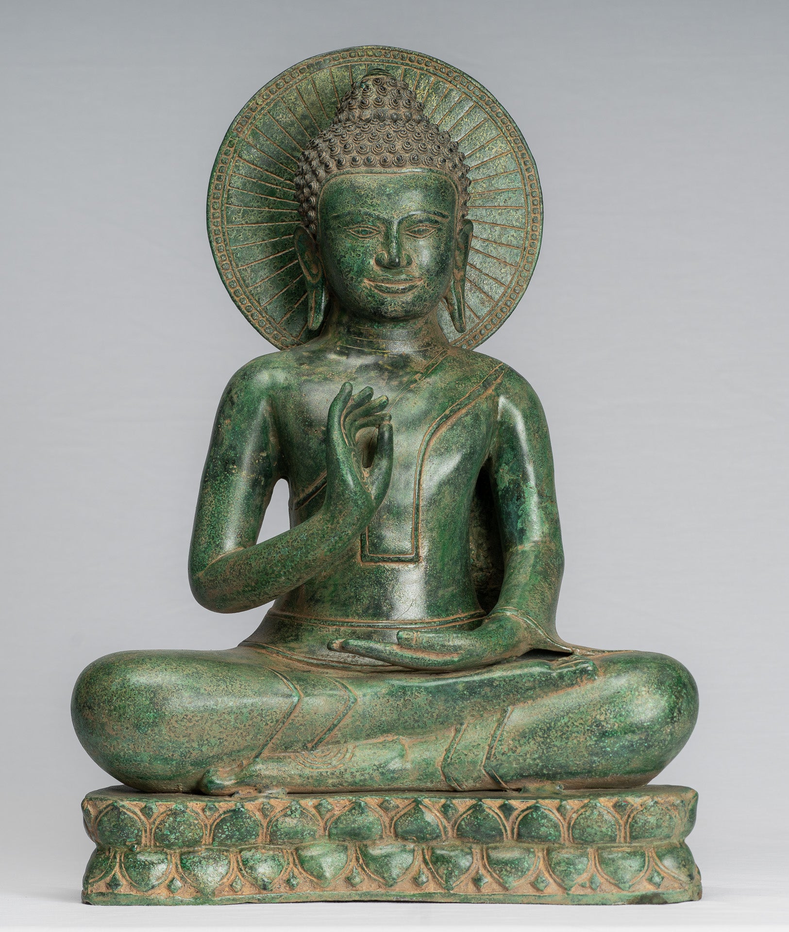Buddha Statue - Antique Khmer Style Bronze Buddha Statue Dharmachakra Teaching Mudra - 47cm/19"