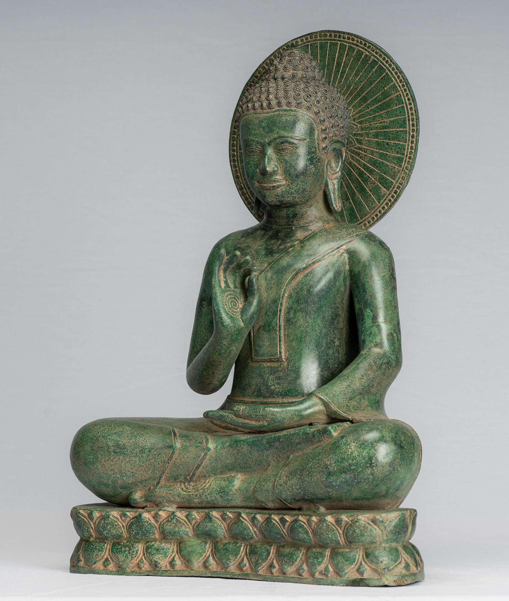 Buddha Statue - Antique Khmer Style Bronze Buddha Statue Dharmachakra Teaching Mudra - 47cm/19"