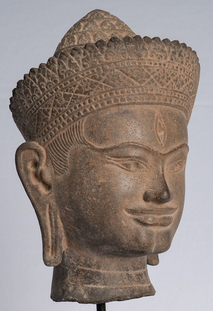 Statue de Bouddha - ancienne tête de Bouddha khmer en pierre de style Angkor Wat - 39cm / 16 "