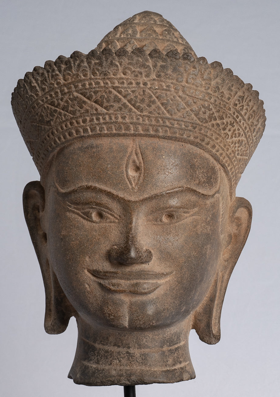Statue de Bouddha - ancienne tête de Bouddha khmer en pierre de style Angkor Wat - 39cm / 16 "