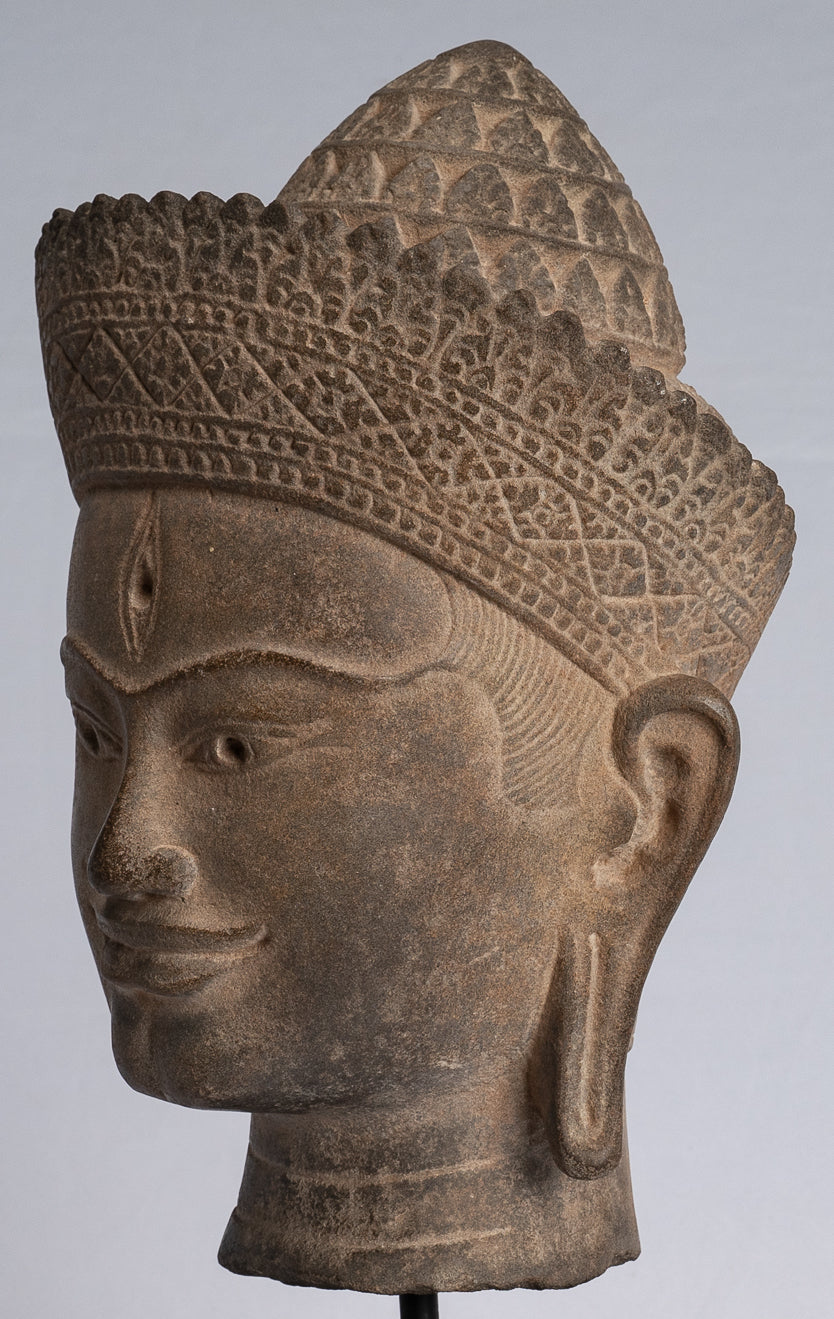 Statue de Bouddha - ancienne tête de Bouddha khmer en pierre de style Angkor Wat - 39cm / 16 "