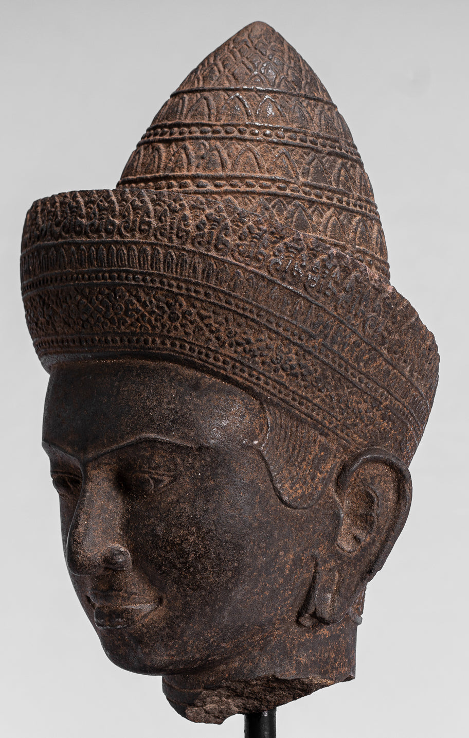 Statua Buddha - Antique Angkor Wat Style Stone Monted Khmer Buddha Head - 42cm / 17 "