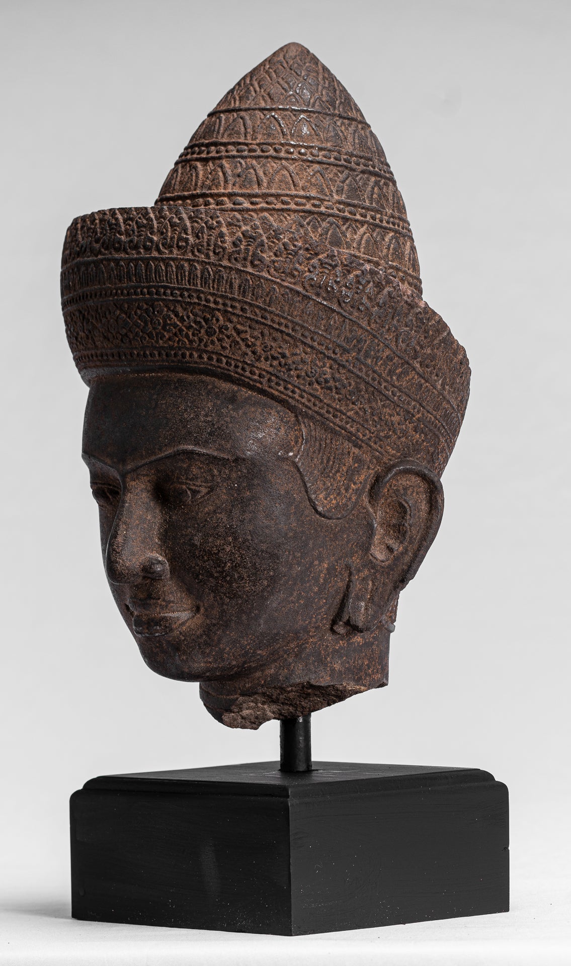 Statua Buddha - Antique Angkor Wat Style Stone Monted Khmer Buddha Head - 42cm / 17 "