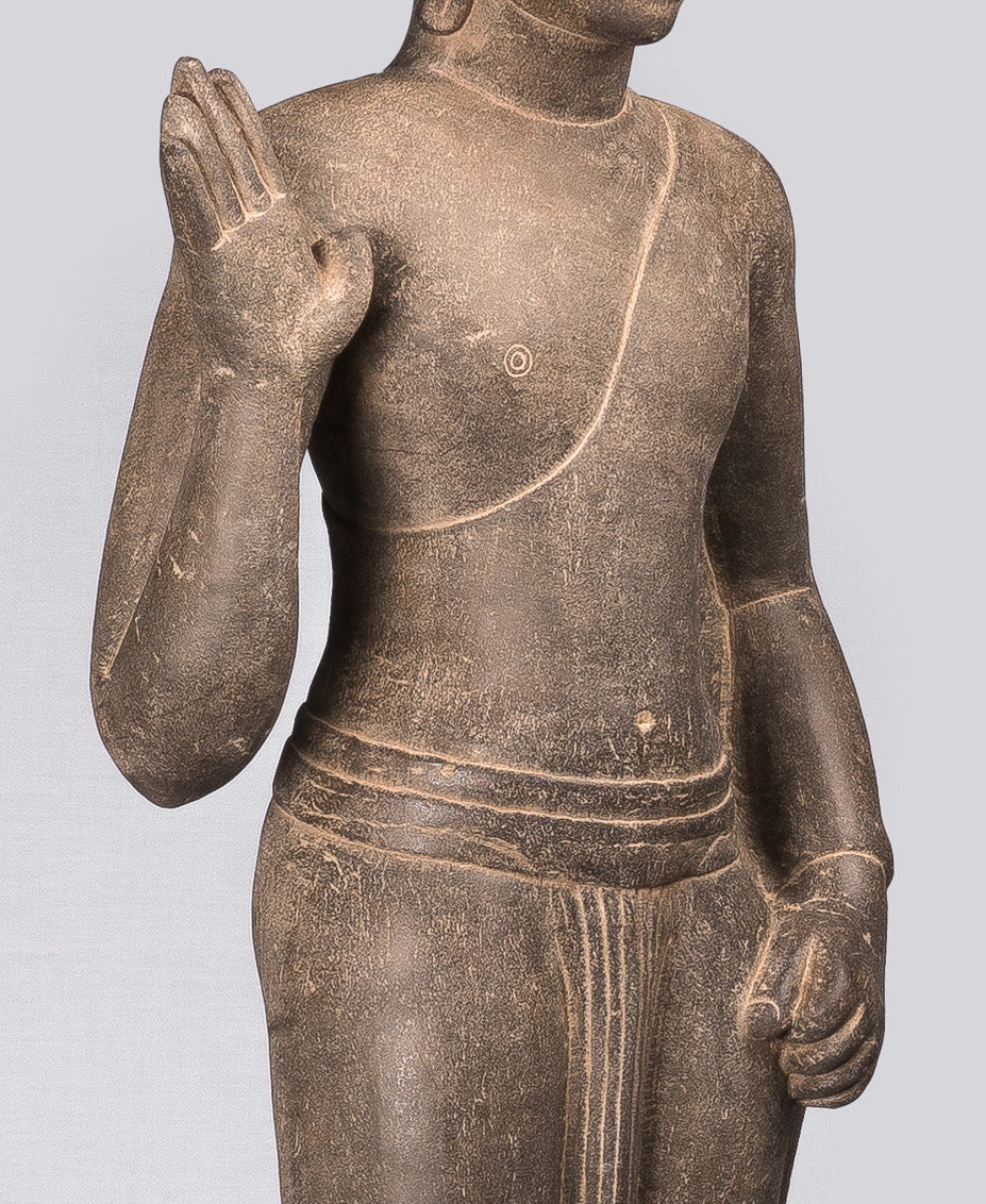 Buddha Statue-Antique Phnom Da Style Standing Stone Protection Khmer Buddha-123cm/49 " Tall