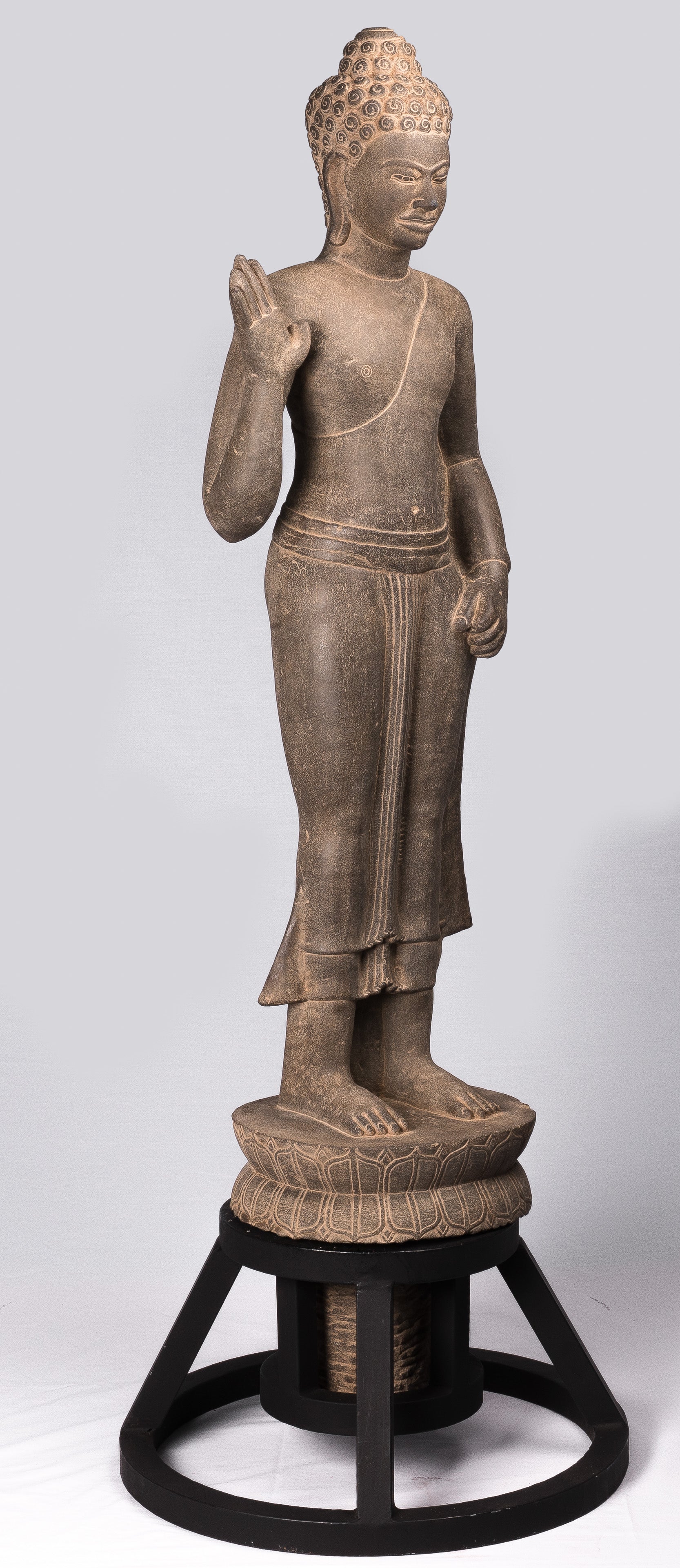 Buddha Statue-Antique Phnom Da Style Standing Stone Protection Khmer Buddha-123cm/49 " Tall
