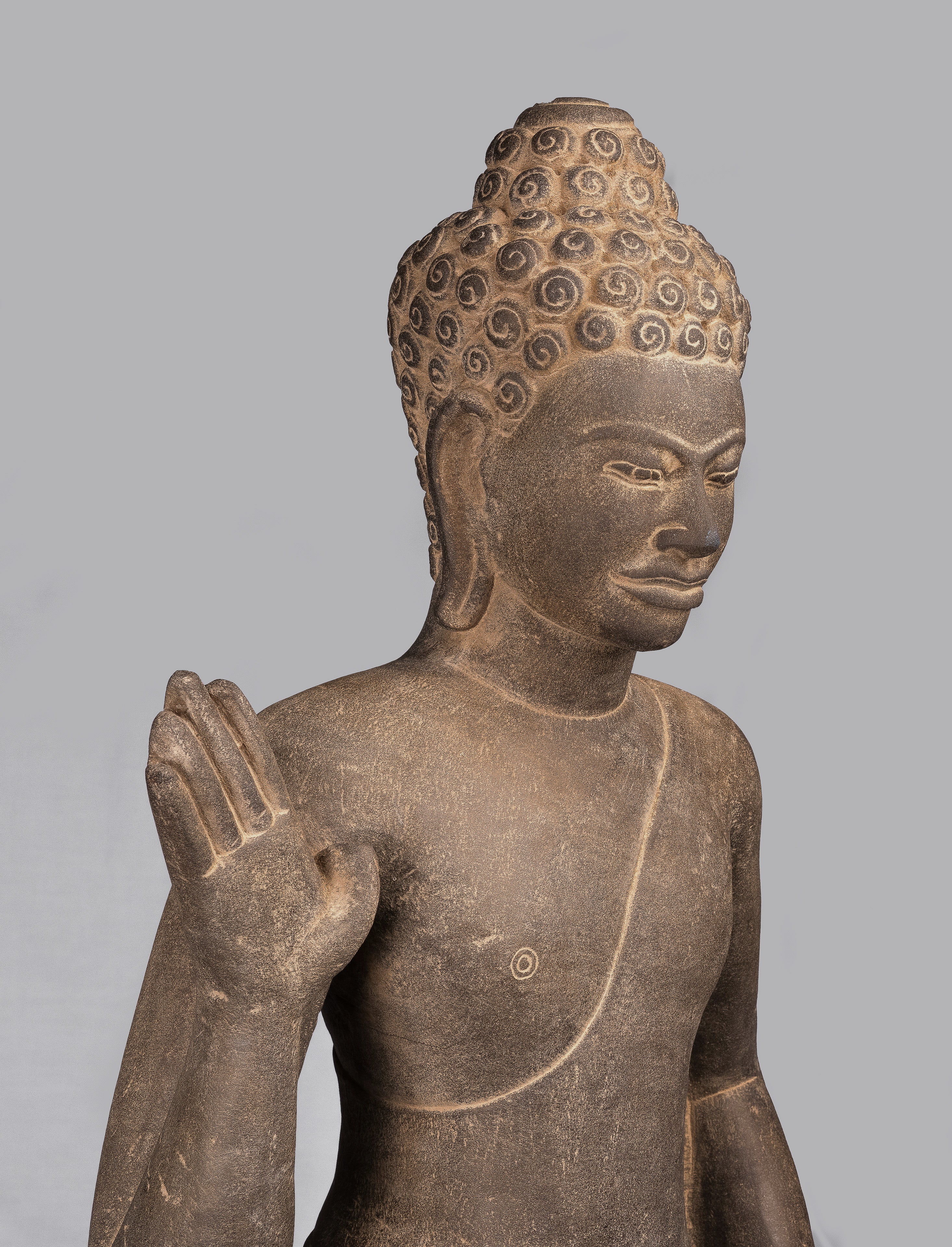 Buddha Statue-Antique Phnom Da Style Standing Stone Protection Khmer Buddha-123cm/49 " Tall