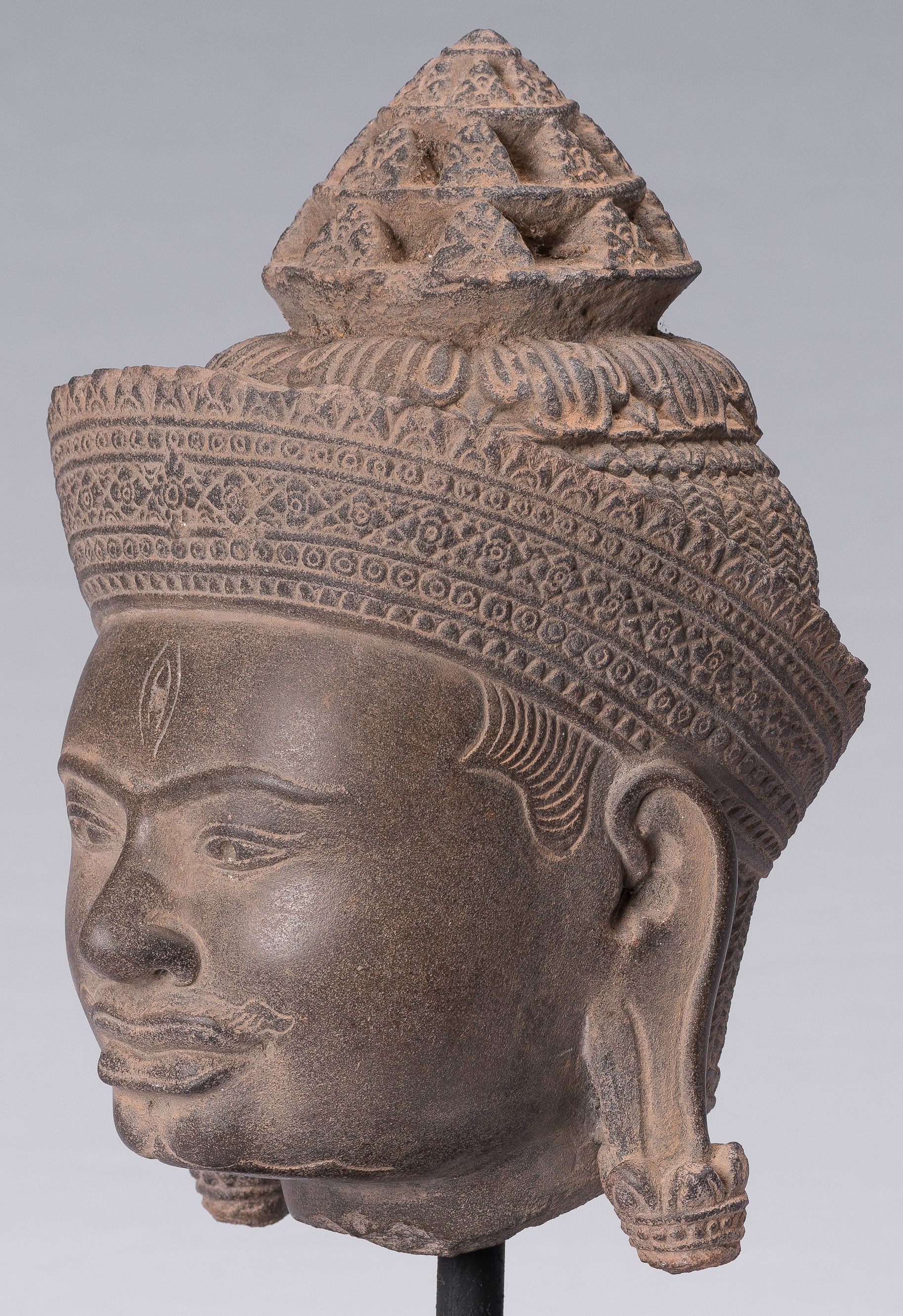 Shiva Statue, Antike Banteay Srei Stil Khmer Stein Shiva Statue Kopf mit Zerstörer...31cm/12"