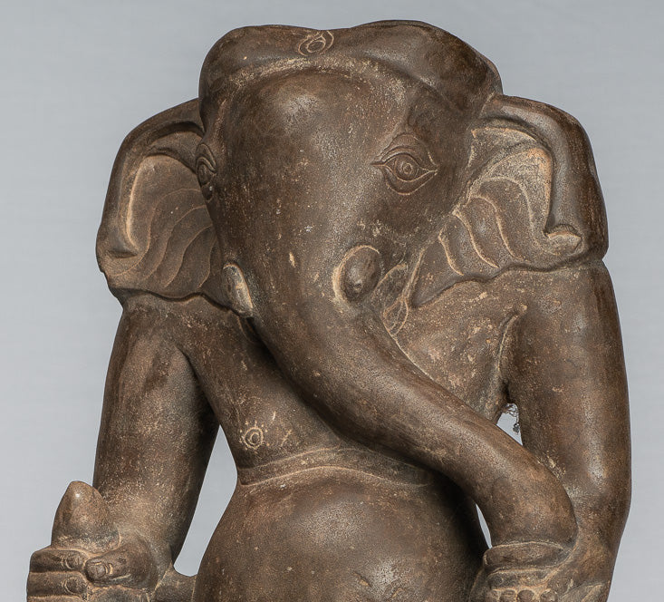 Ganesha Statue - Antique Vietnamese Style Stone Cham Mounted Ganesha Torso Statue - 64cm/26"