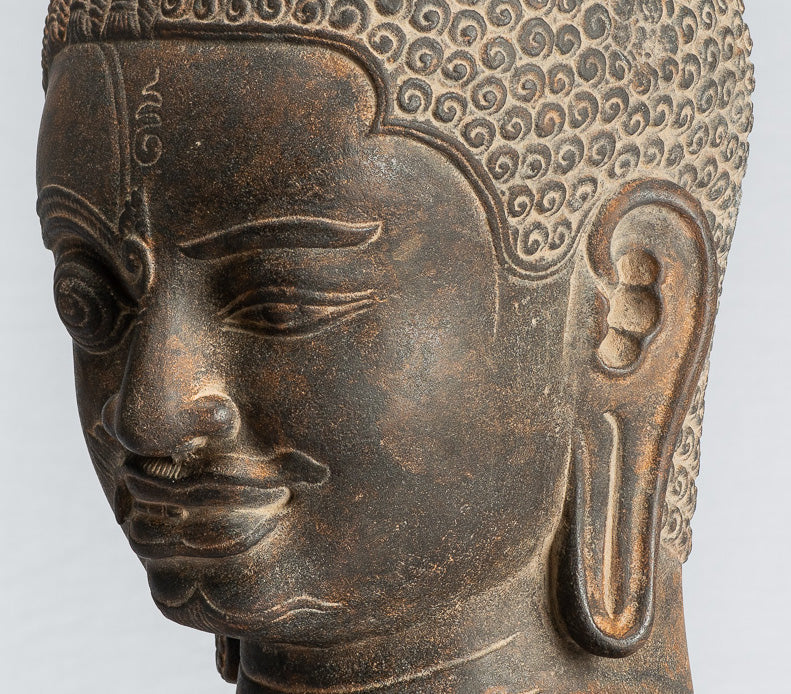 Shiva Statue - Antique Khmer Style Black Stone Yaksha & Yakshaswaroop Shiva Head - 47cm/19"