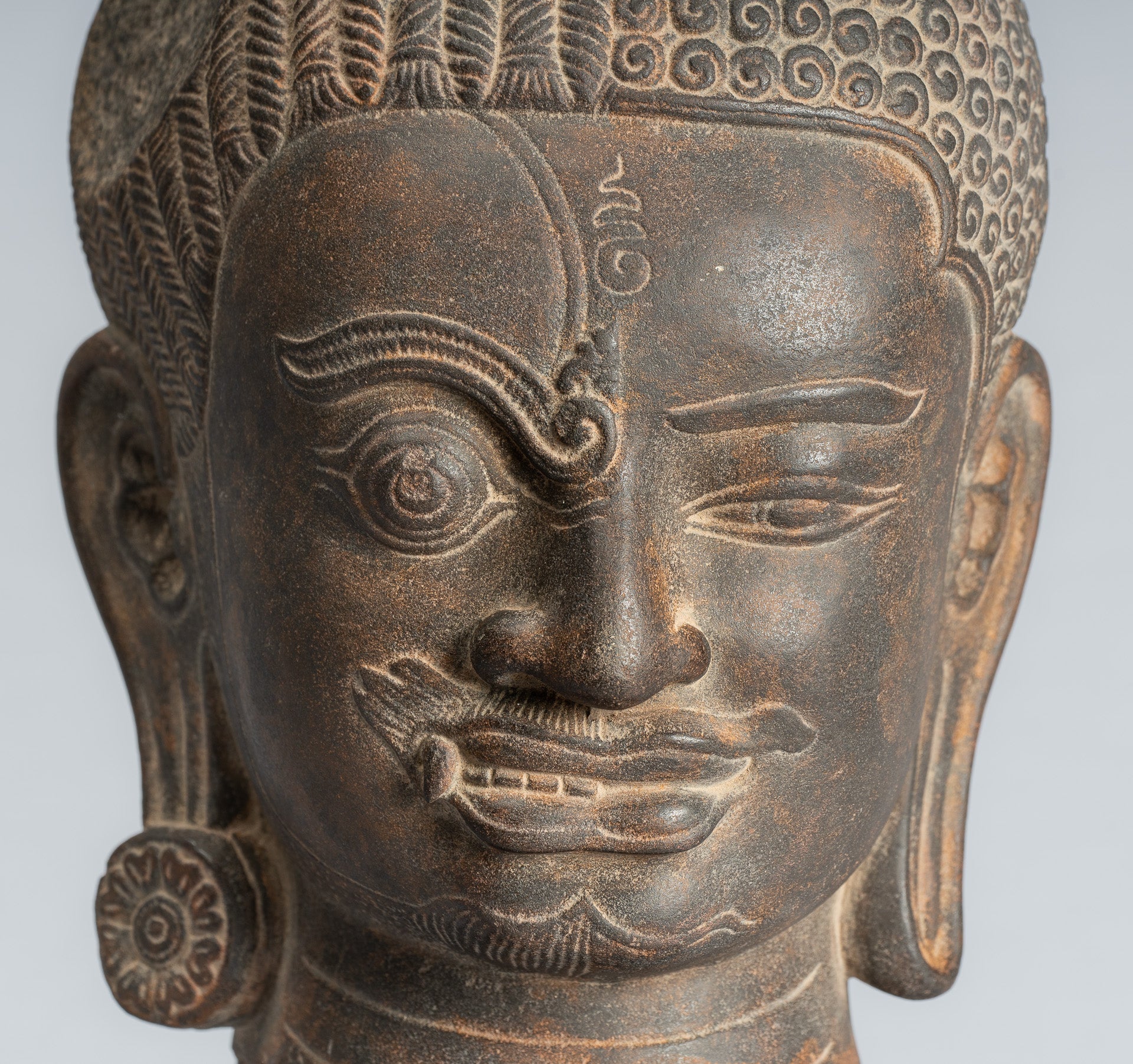 Shiva Statue - Antique Khmer Style Black Stone Yaksha & Yakshaswaroop Shiva Head - 47cm/19"