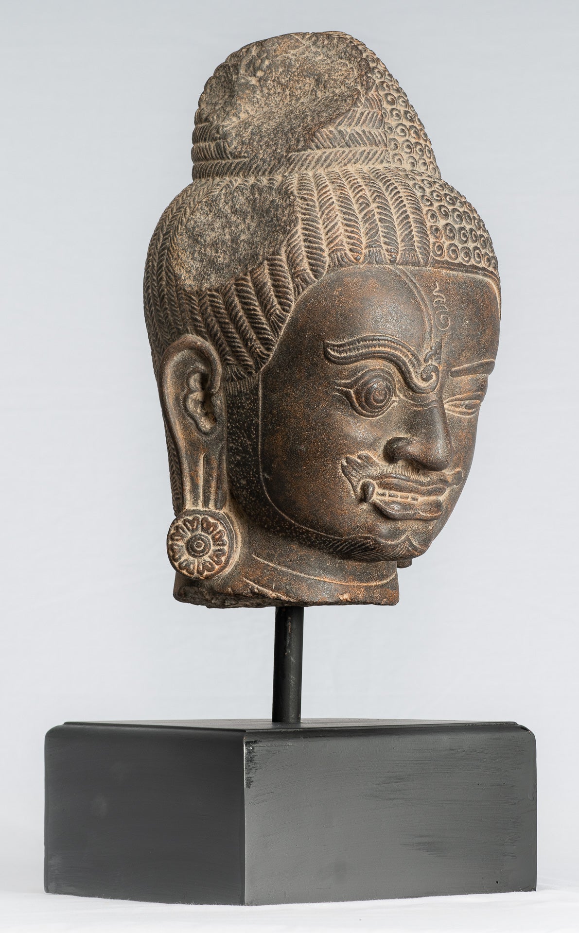 Shiva Statue - Antique Khmer Style Black Stone Yaksha & Yakshaswaroop Shiva Head - 47cm/19"