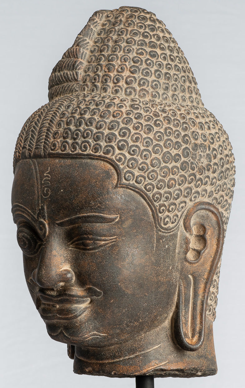 Shiva Statue - Antique Khmer Style Black Stone Yaksha & Yakshaswaroop Shiva Head - 47cm/19"