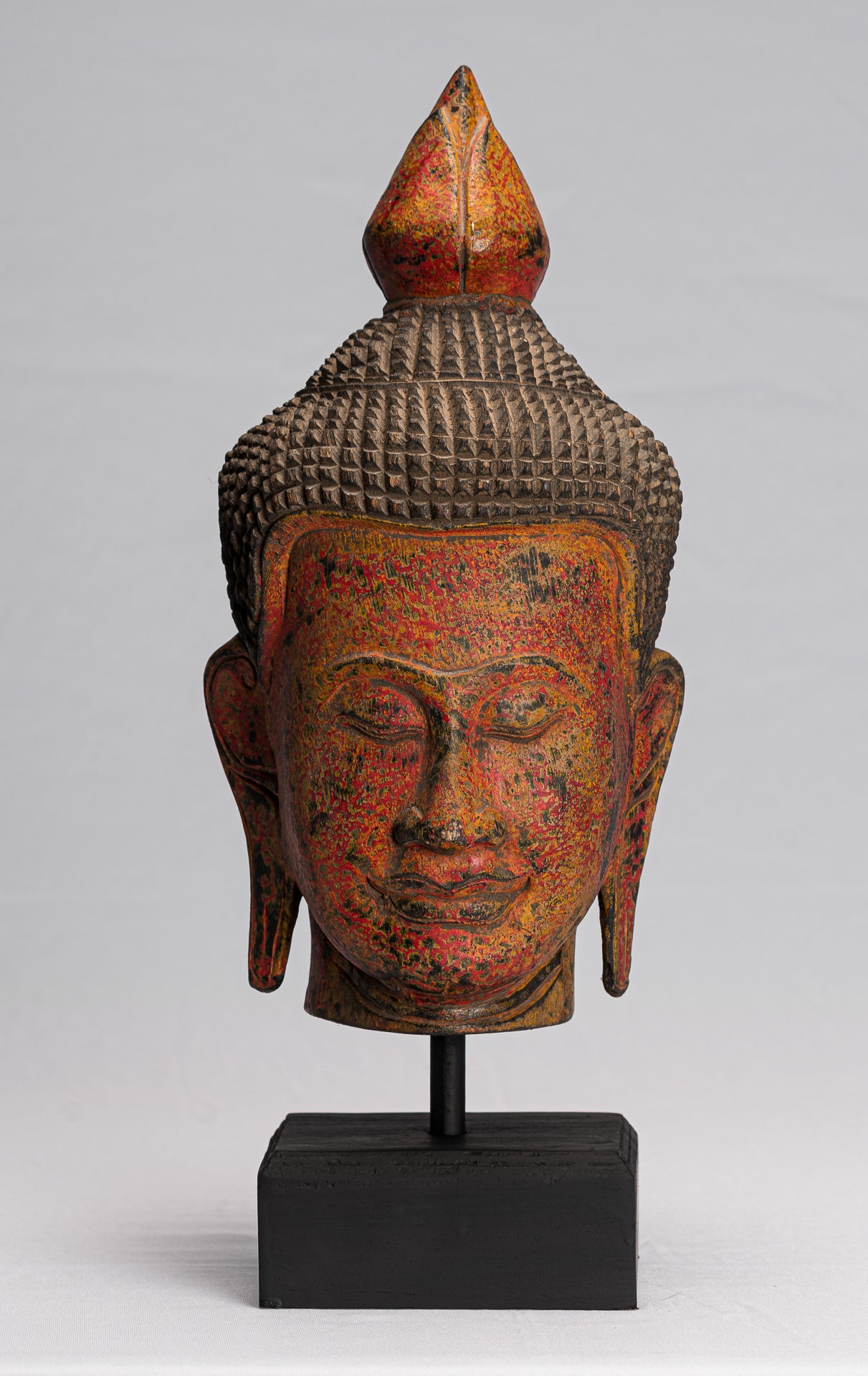 Buddha Statue - Antique Khmer Style Southeast Asia Red Wood Buddha Head Statue - 40cm/16"