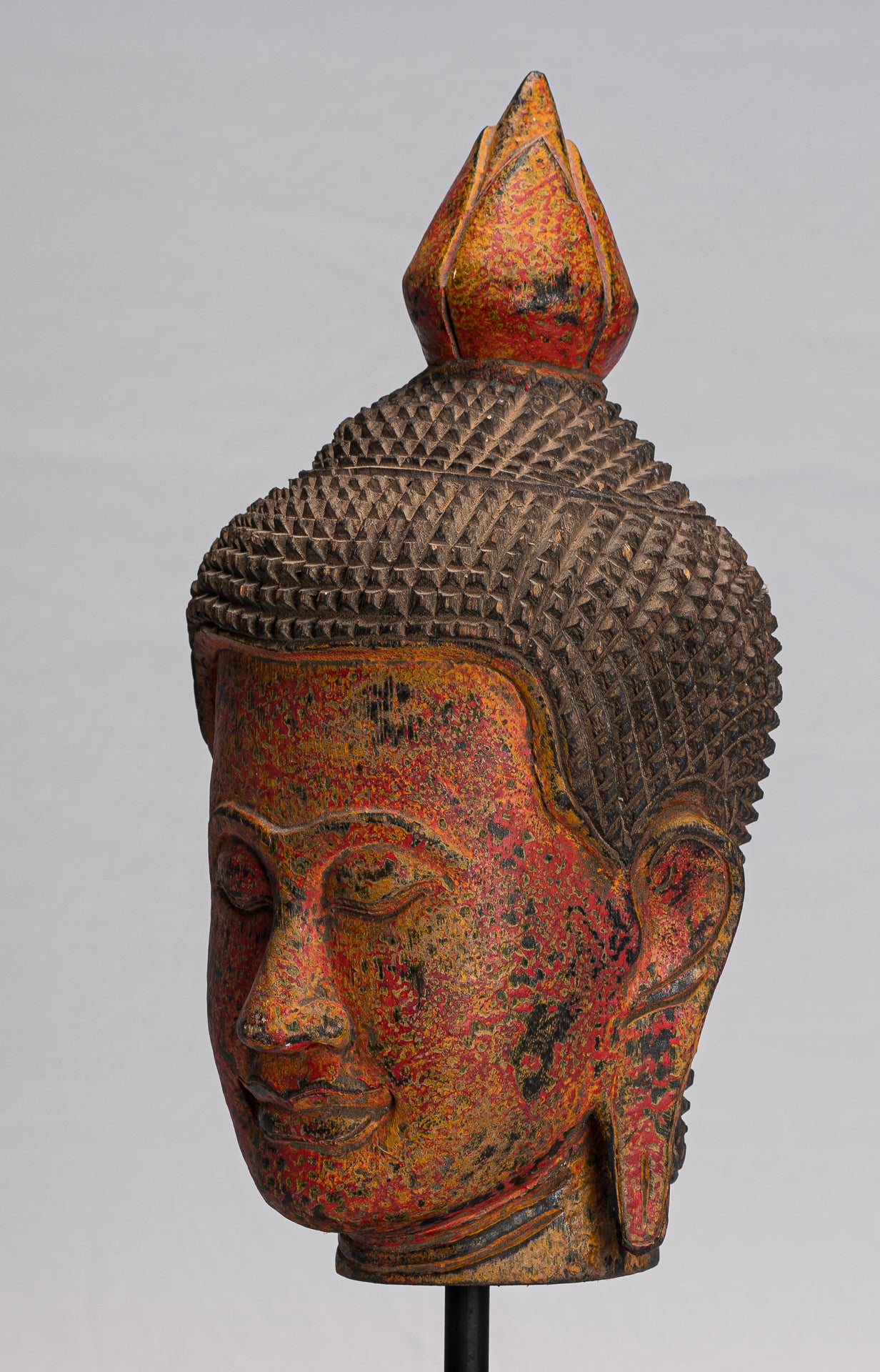 Buddha Statue - Antique Khmer Style Southeast Asia Red Wood Buddha Head Statue - 40cm/16"