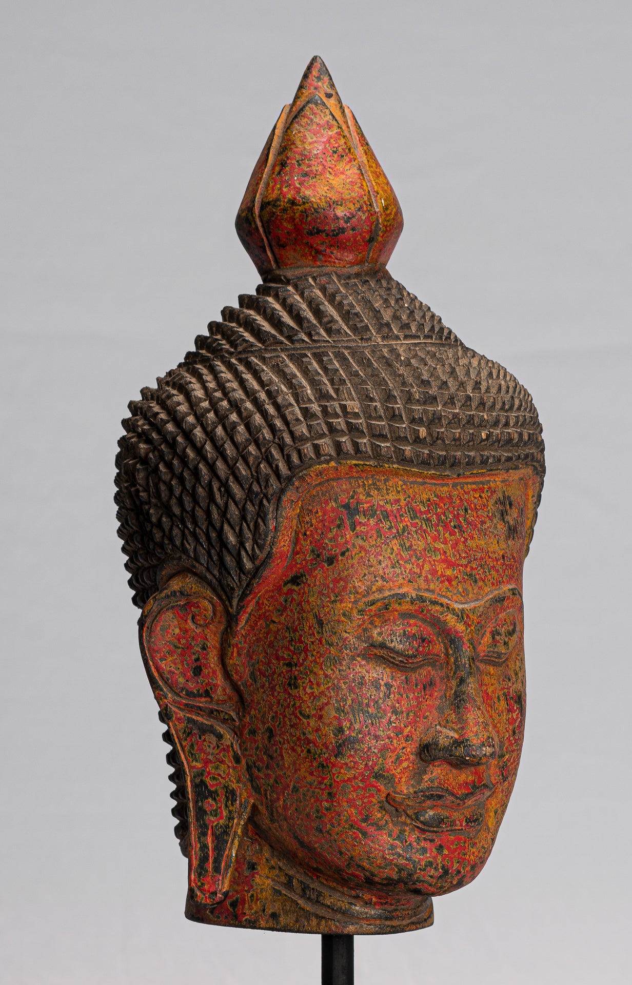 Buddha Statue - Antique Khmer Style Southeast Asia Red Wood Buddha Head Statue - 40cm/16"