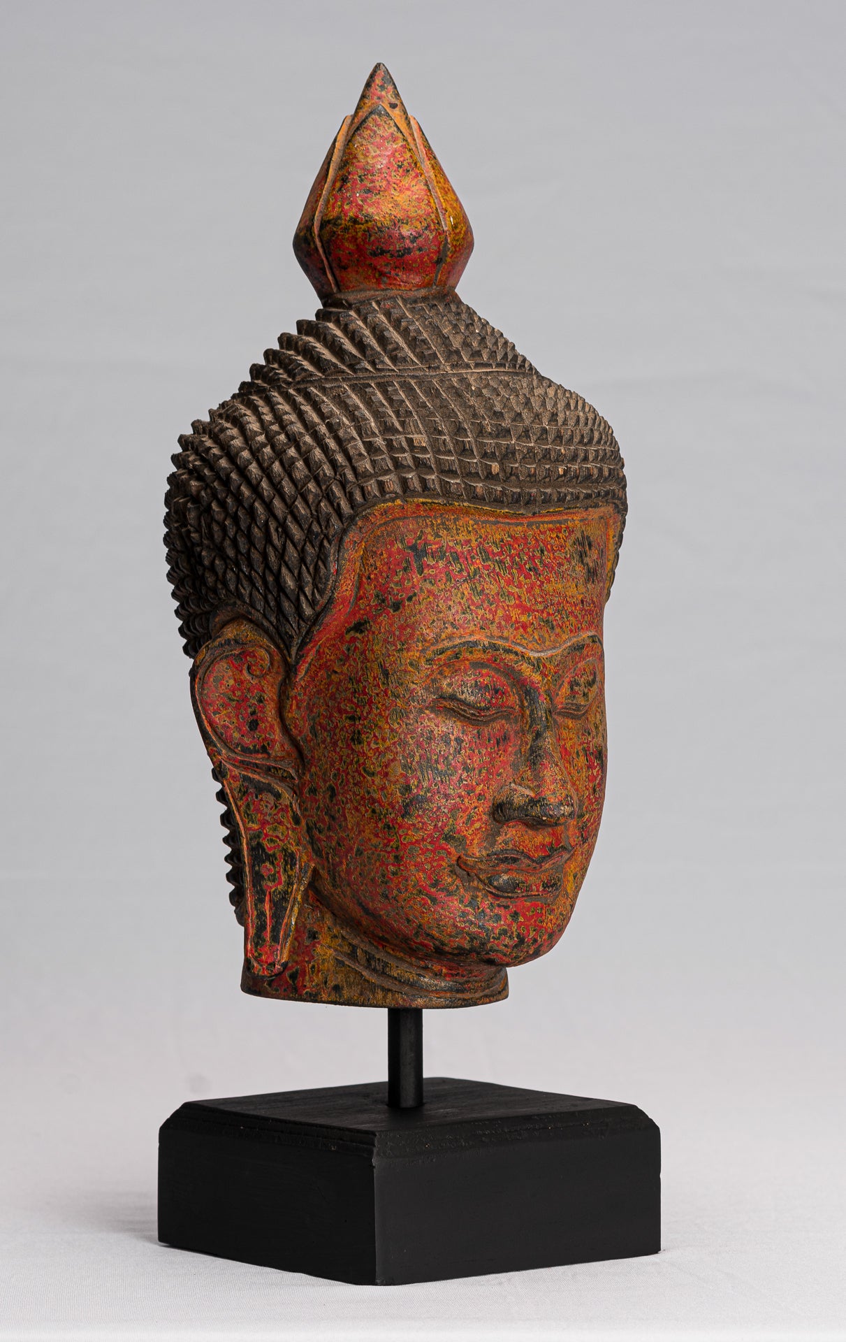 Buddha Statue - Antique Khmer Style Southeast Asia Red Wood Buddha Head Statue - 40cm/16"