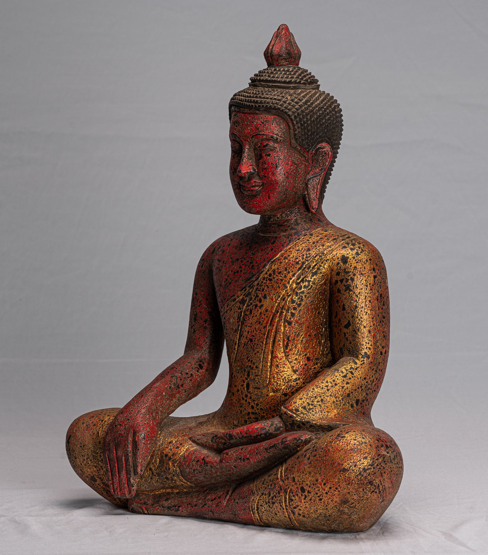 Buddha Statue-Antique Khmer Style SE Asia Seated Wood Enlightenment Buddha Statue-43cm/17 "