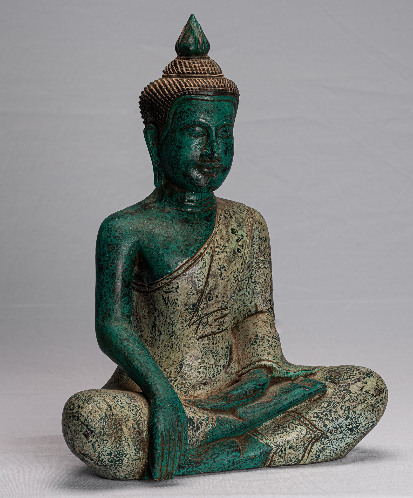 Buddha Statue - Antique Khmer Style SE Asia Seated Wood Enlightenment Buddha Statue - 43cm/17"