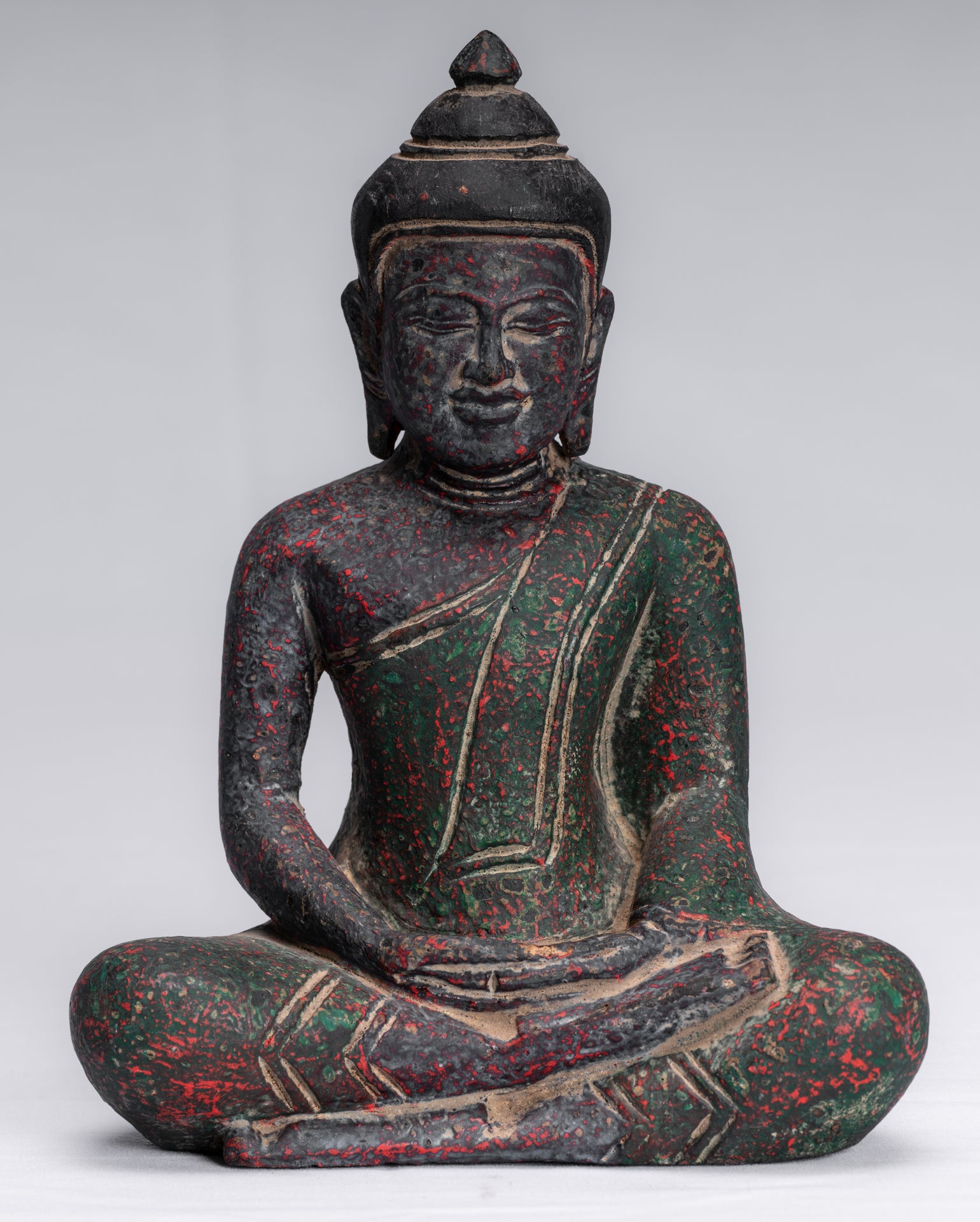 Buddha Sculpture - Antique Khmer Style Wood Seated Buddha Statue Dhyana Meditation Mudra - 20cm/8"